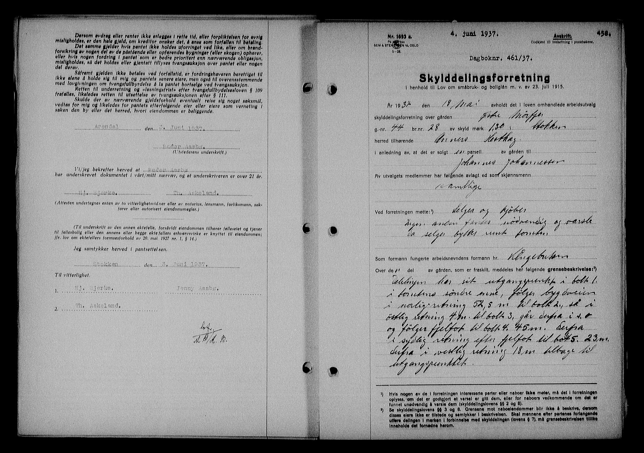 Nedenes sorenskriveri, AV/SAK-1221-0006/G/Gb/Gba/L0043: Mortgage book no. 39, 1936-1937, Diary no: : 461/1937