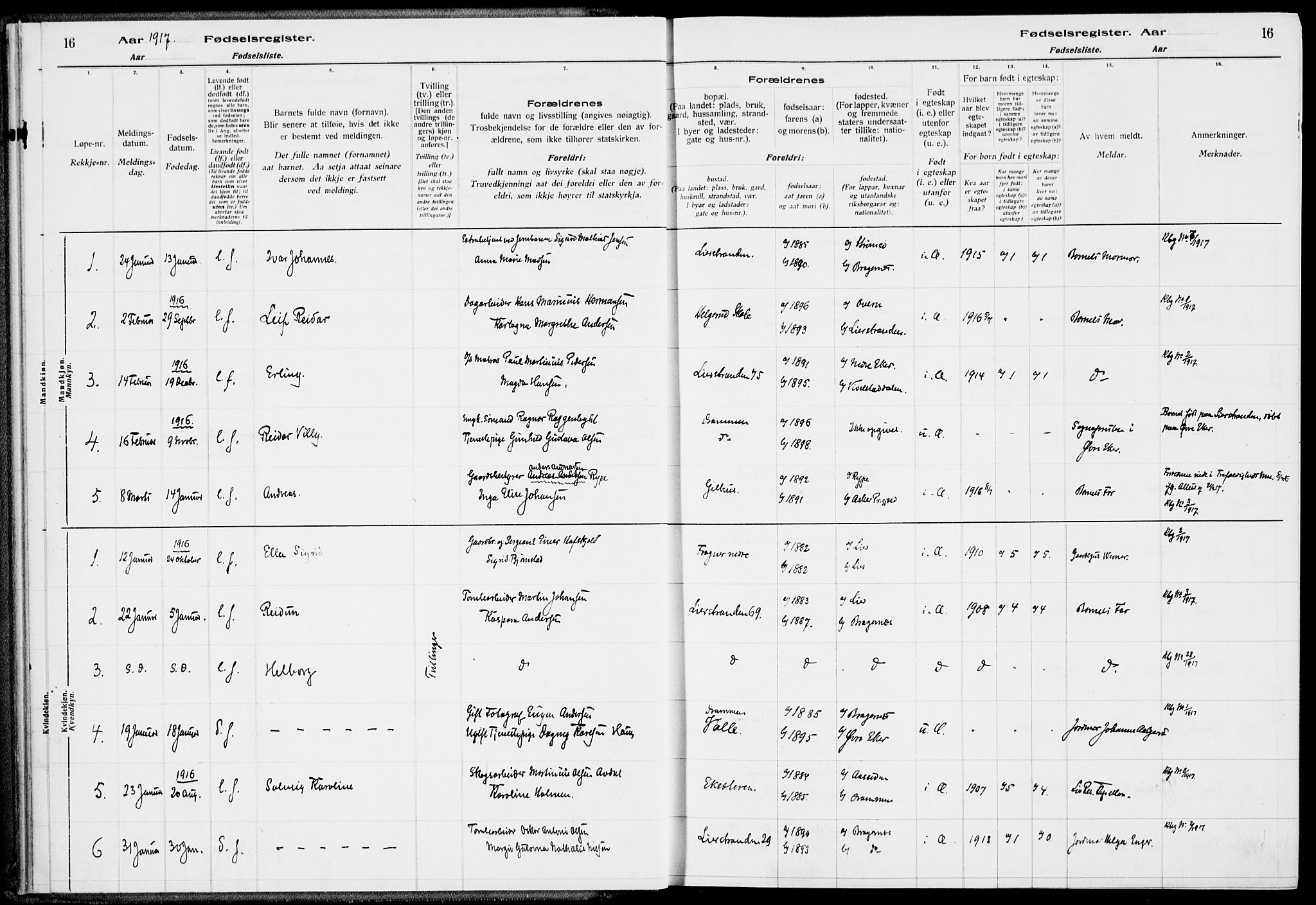 Lier kirkebøker, AV/SAKO-A-230/J/Ja/L0001: Birth register no. 1, 1916-1928, p. 16