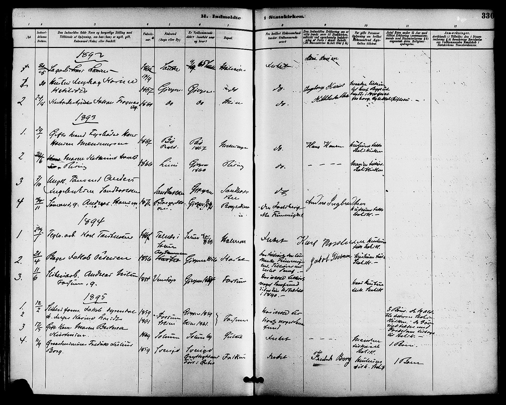Gjerpen kirkebøker, SAKO/A-265/F/Fa/L0010: Parish register (official) no. I 10, 1886-1895, p. 330
