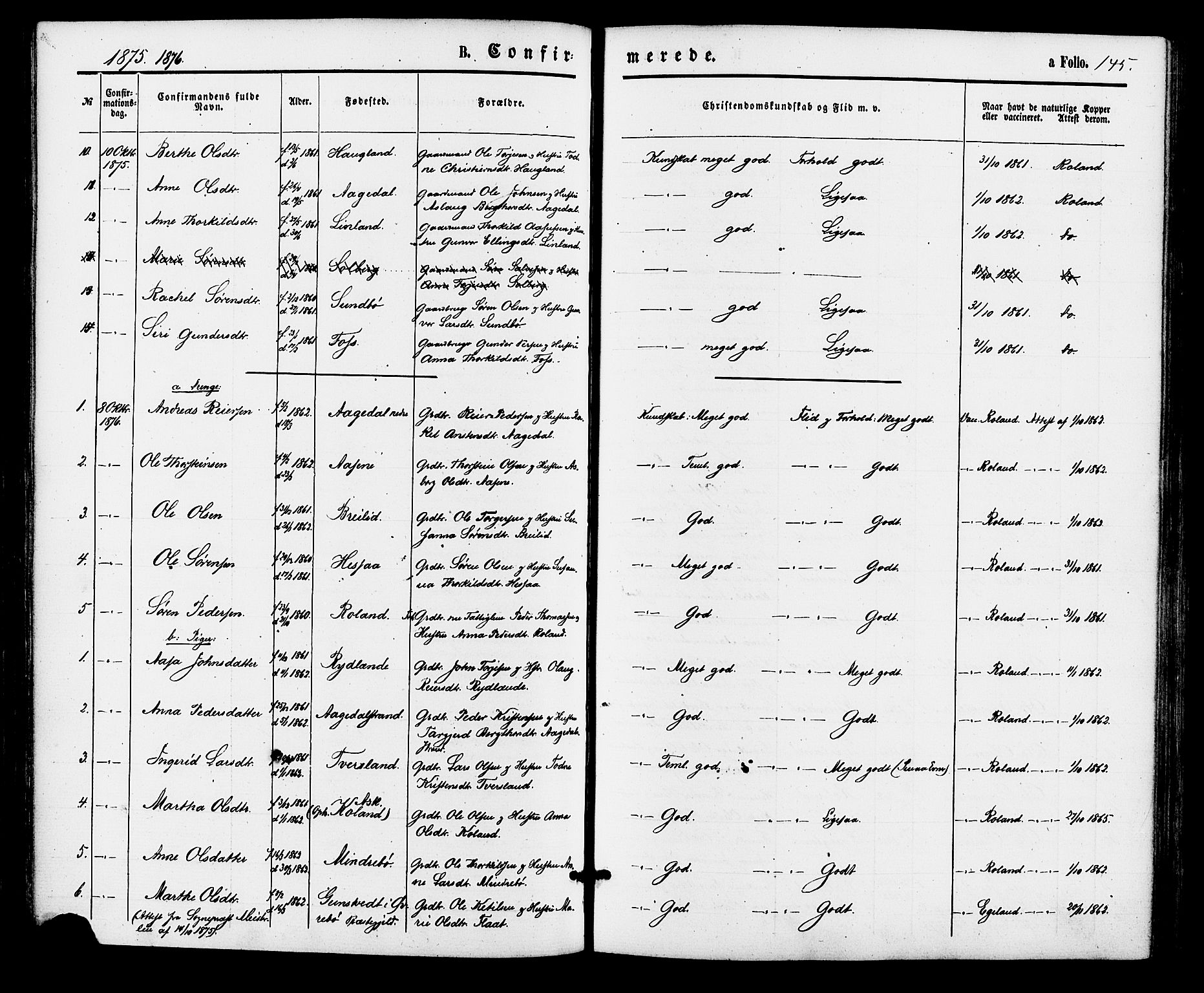 Bjelland sokneprestkontor, SAK/1111-0005/F/Fa/Faa/L0003: Parish register (official) no. A 3, 1867-1887, p. 145
