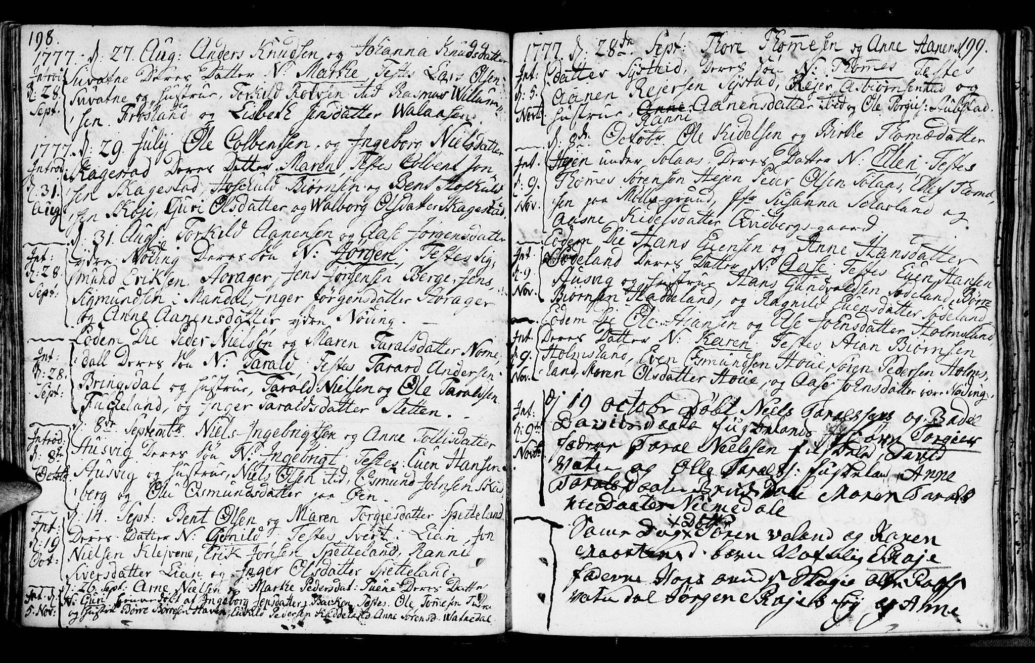 Holum sokneprestkontor, SAK/1111-0022/F/Fa/Faa/L0002: Parish register (official) no. A 2, 1756-1780, p. 198-199