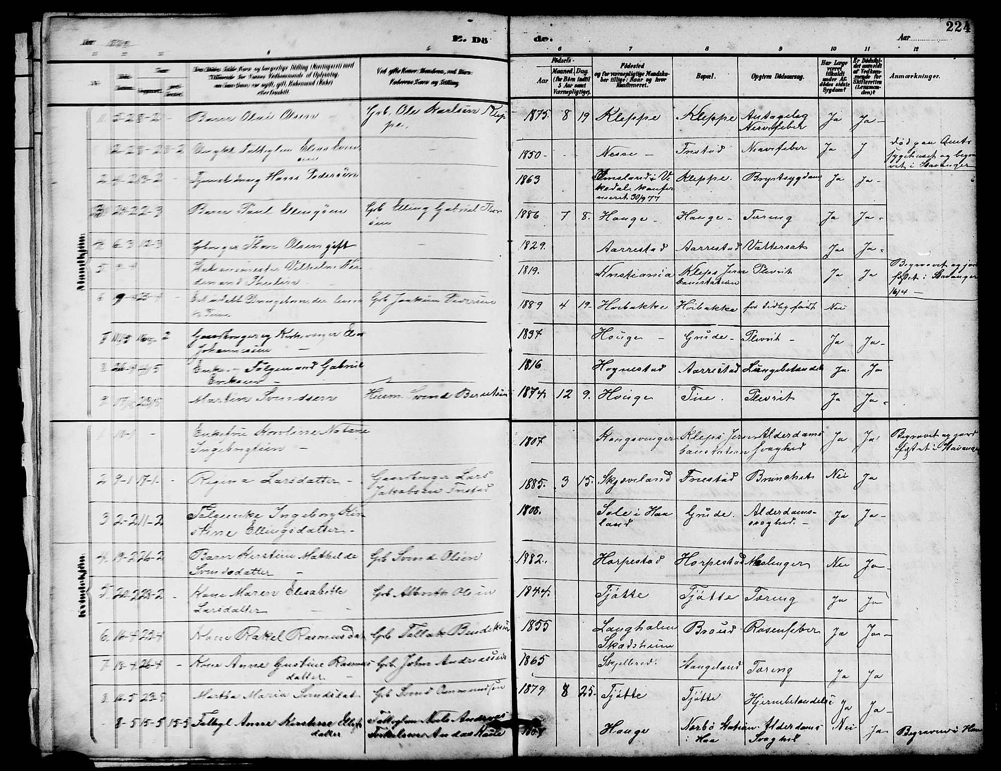 Klepp sokneprestkontor, SAST/A-101803/001/3/30BB/L0004: Parish register (copy) no. B 4, 1889-1914, p. 224