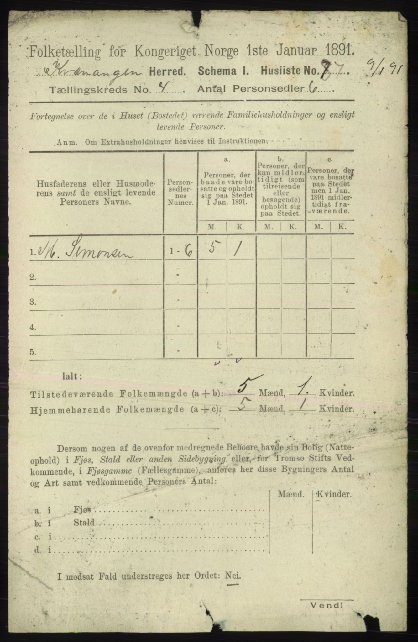 RA, 1891 census for 1943 Kvænangen, 1891, p. 1540