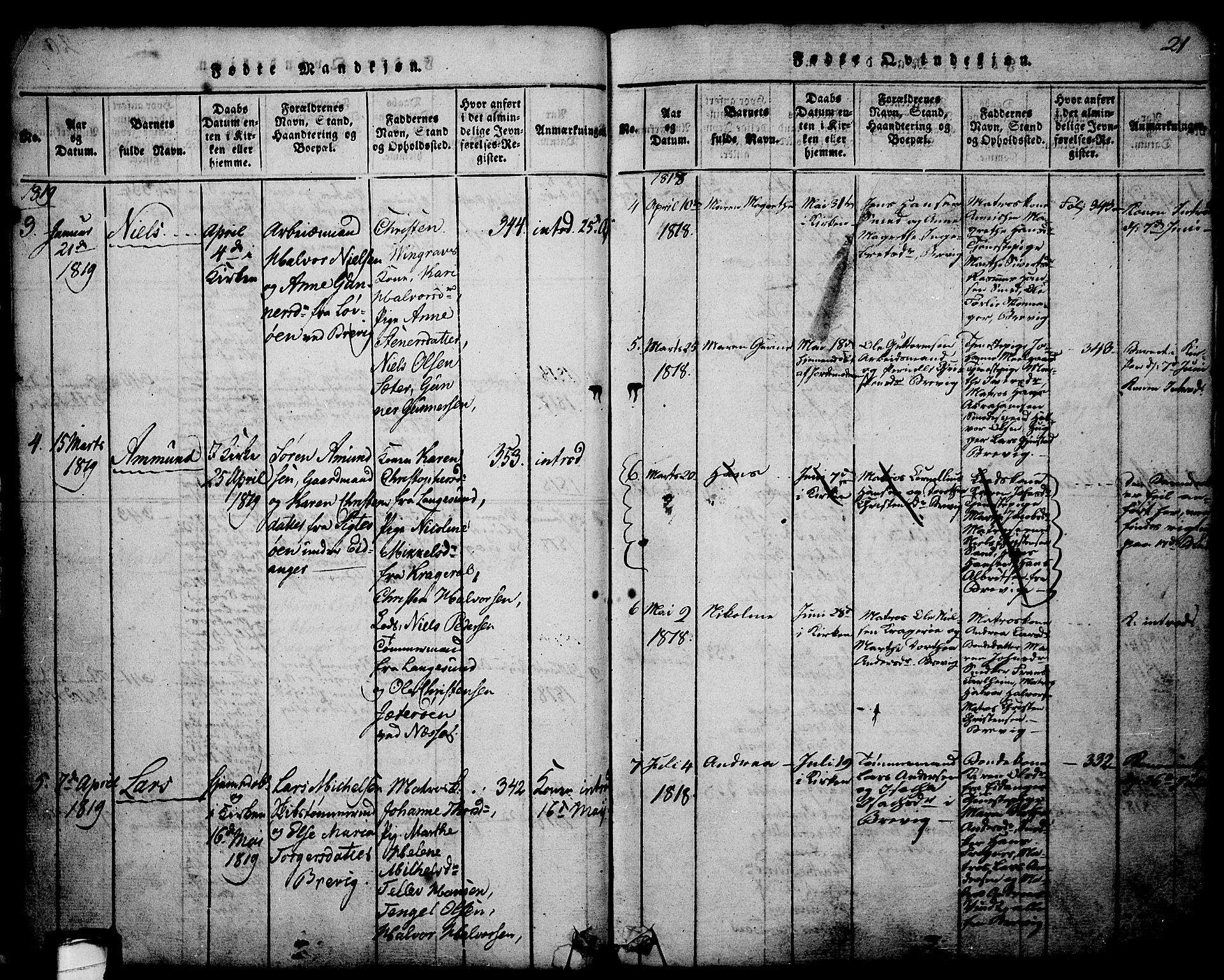 Brevik kirkebøker, SAKO/A-255/G/Ga/L0001: Parish register (copy) no. 1, 1814-1845, p. 21