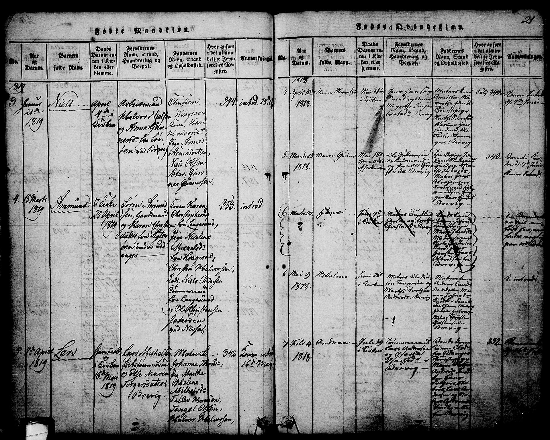 Brevik kirkebøker, AV/SAKO-A-255/G/Ga/L0001: Parish register (copy) no. 1, 1814-1845, p. 21