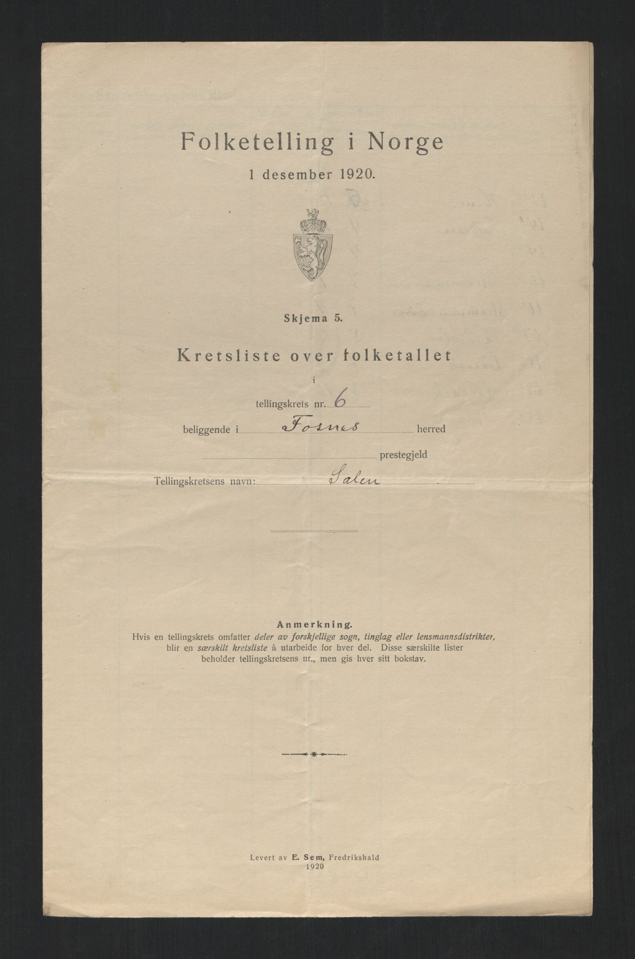 SAT, 1920 census for Fosnes, 1920, p. 22