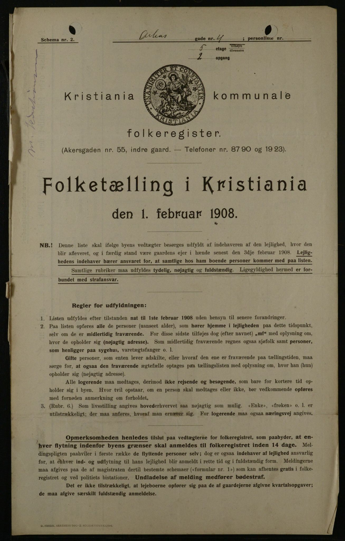 OBA, Municipal Census 1908 for Kristiania, 1908, p. 2115