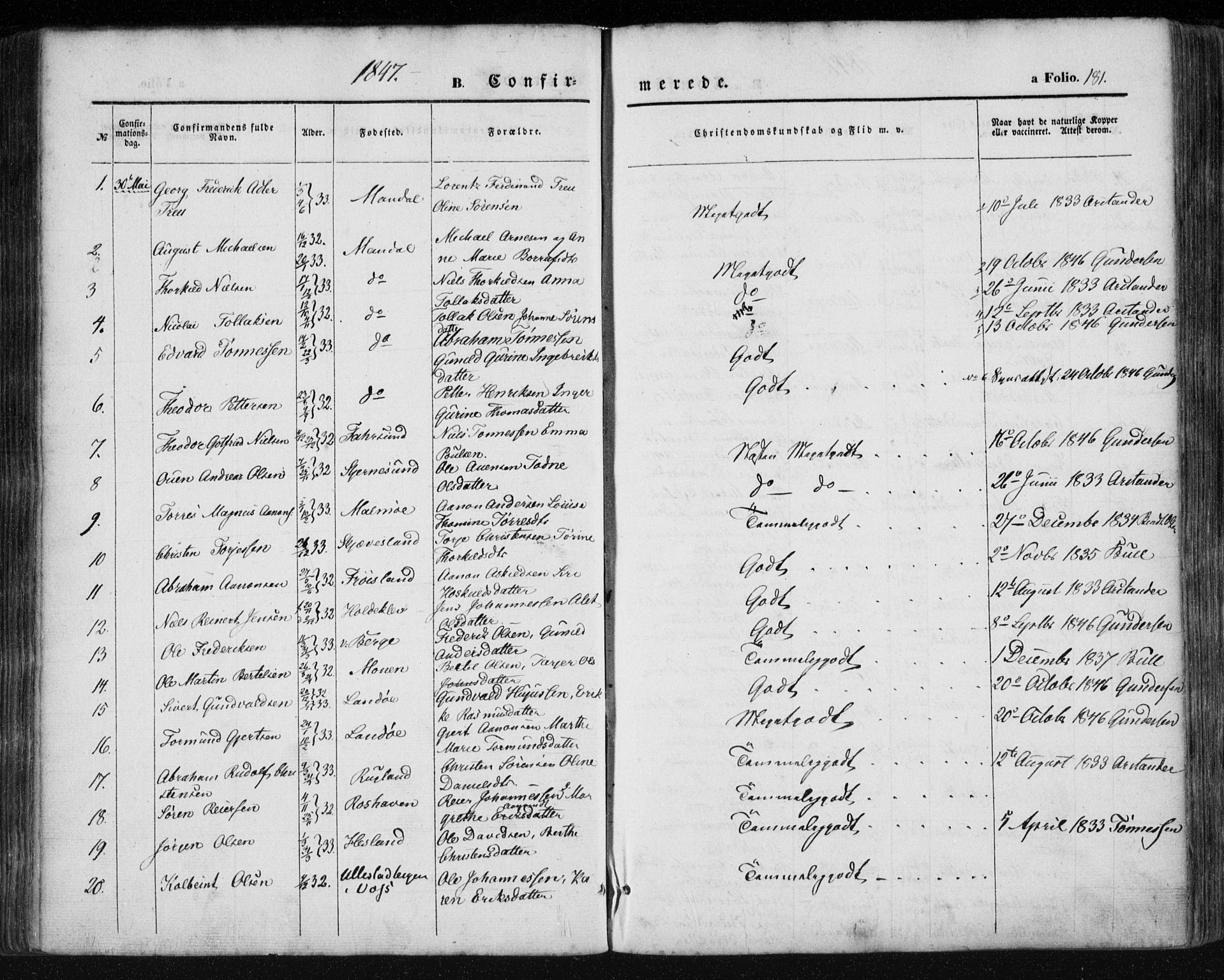 Mandal sokneprestkontor, SAK/1111-0030/F/Fa/Faa/L0013: Parish register (official) no. A 13, 1847-1859, p. 181