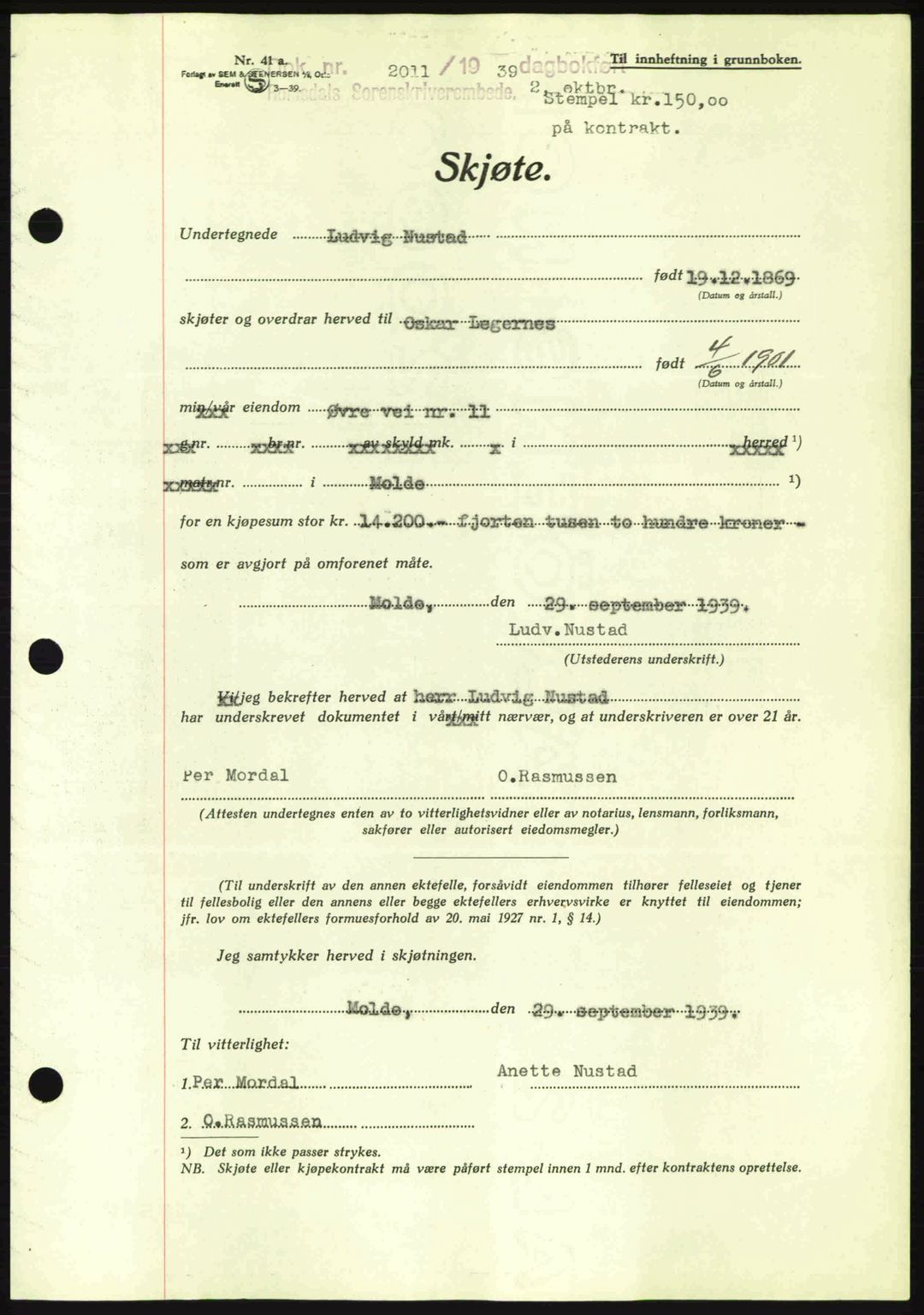 Romsdal sorenskriveri, AV/SAT-A-4149/1/2/2C: Mortgage book no. A7, 1939-1939, Diary no: : 2011/1939