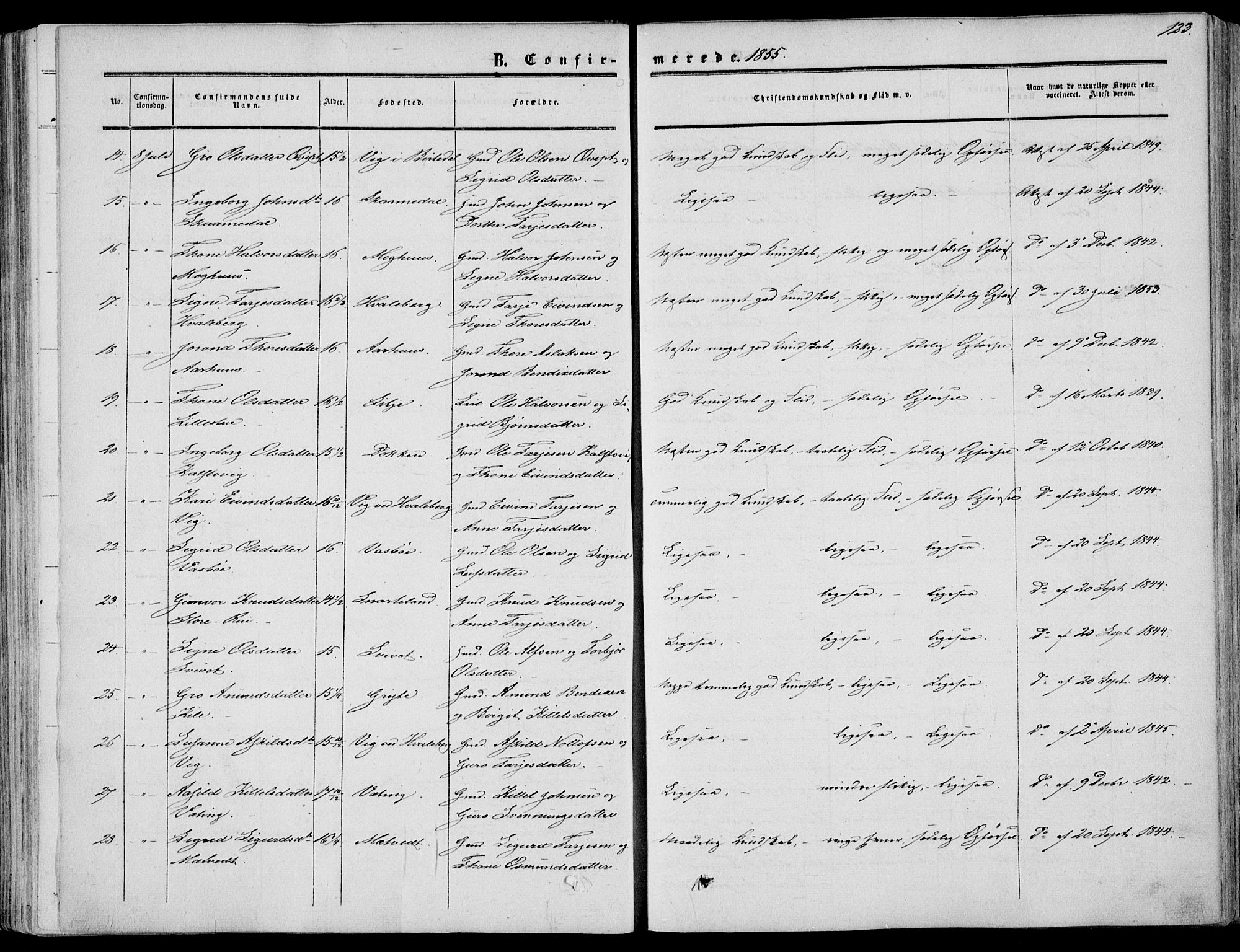 Fyresdal kirkebøker, AV/SAKO-A-263/F/Fa/L0005: Parish register (official) no. I 5, 1855-1871, p. 123