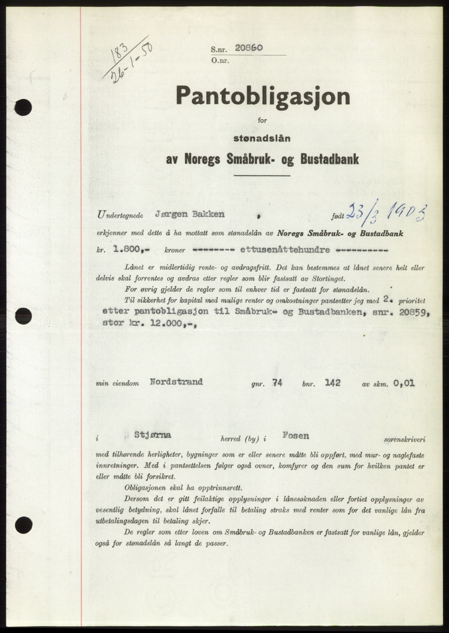 Fosen sorenskriveri, AV/SAT-A-1107/1/2/2C: Mortgage book no. B, 1948-1950, Diary no: : 183/1950