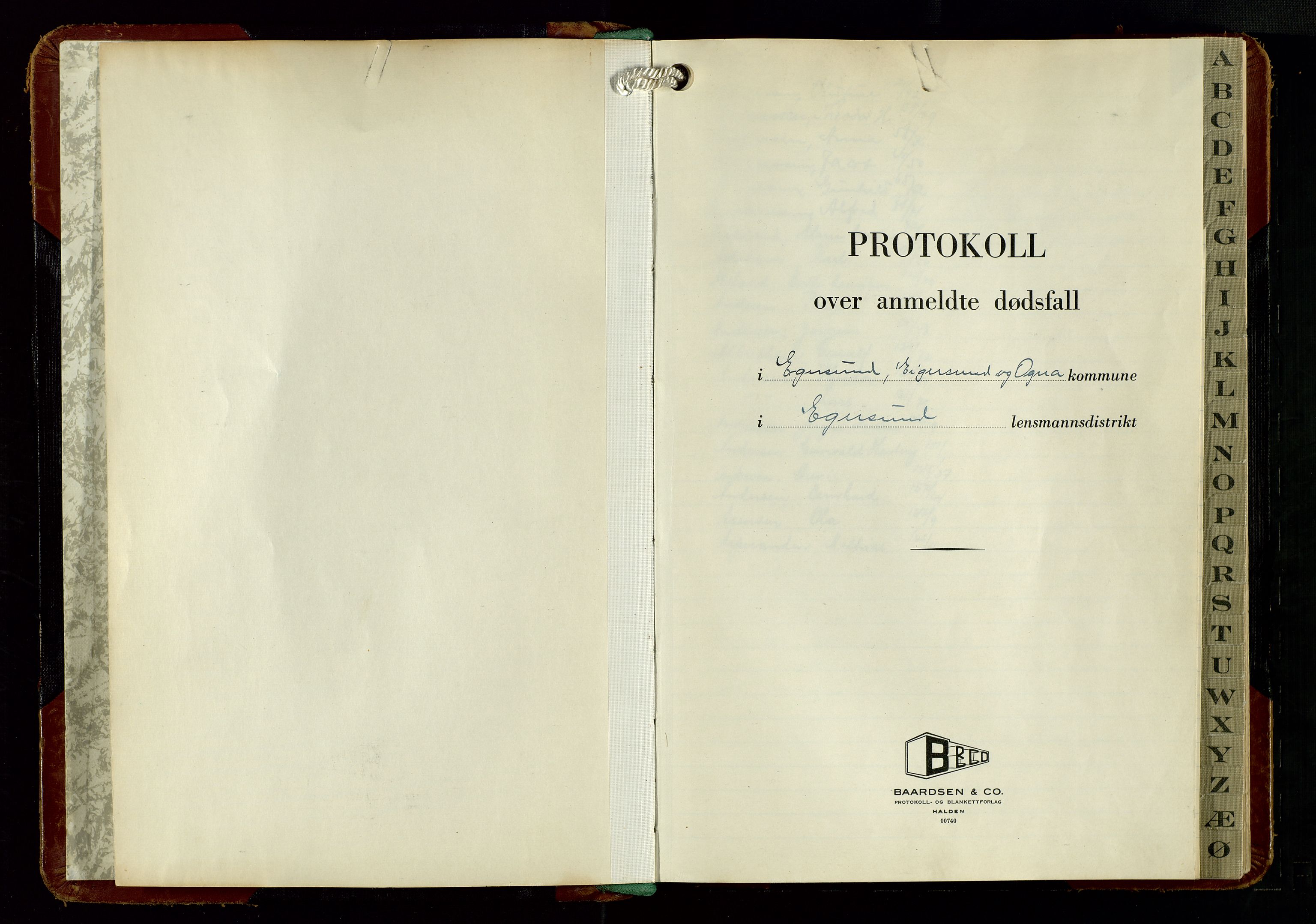 Eigersund lensmannskontor, SAST/A-100171/Gga/L0018: "Protokoll over anmeldte dødsfall" m/alfabetisk navneregister, 1954-1959