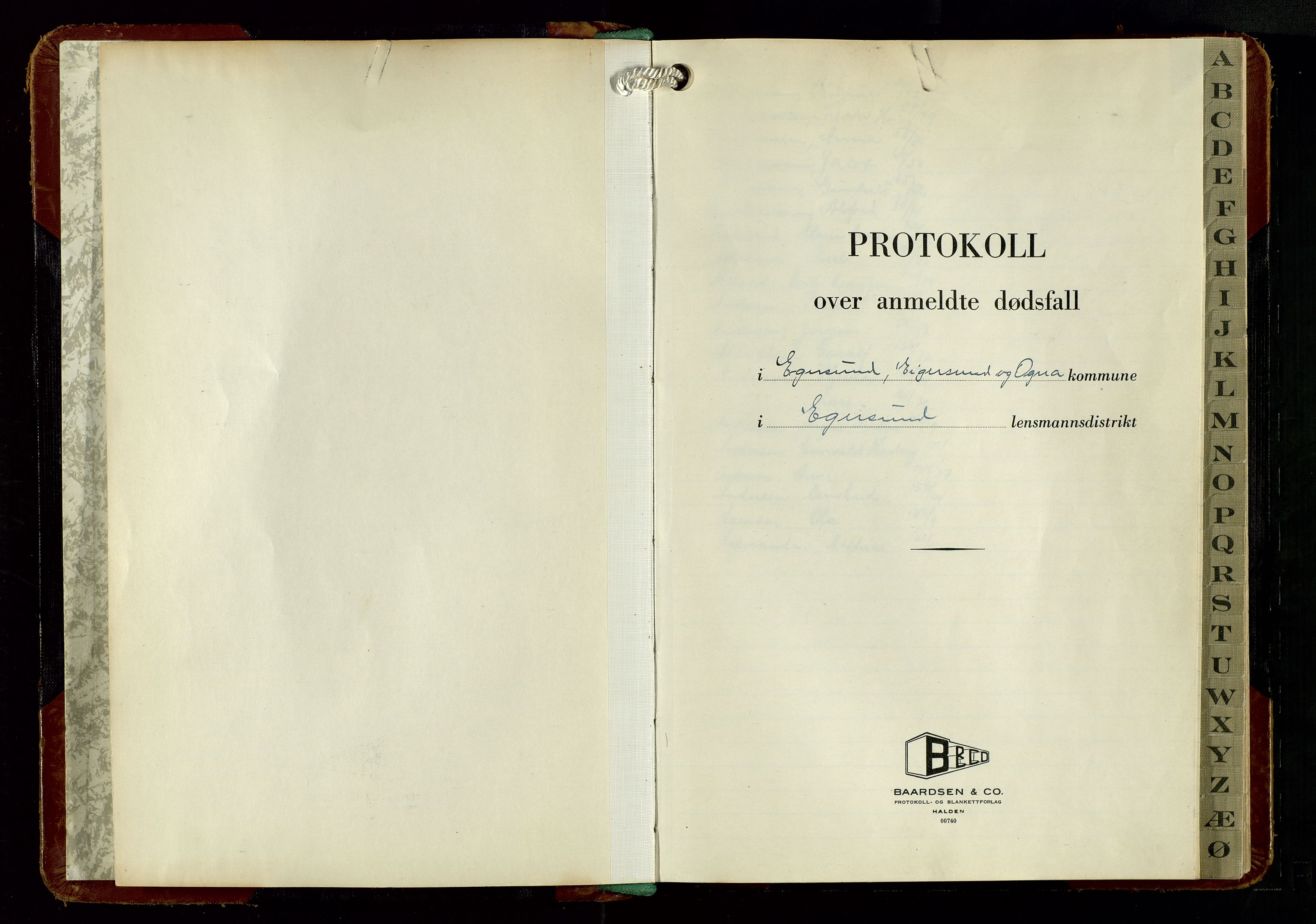 Eigersund lensmannskontor, AV/SAST-A-100171/Gga/L0018: "Protokoll over anmeldte dødsfall" m/alfabetisk navneregister, 1954-1959