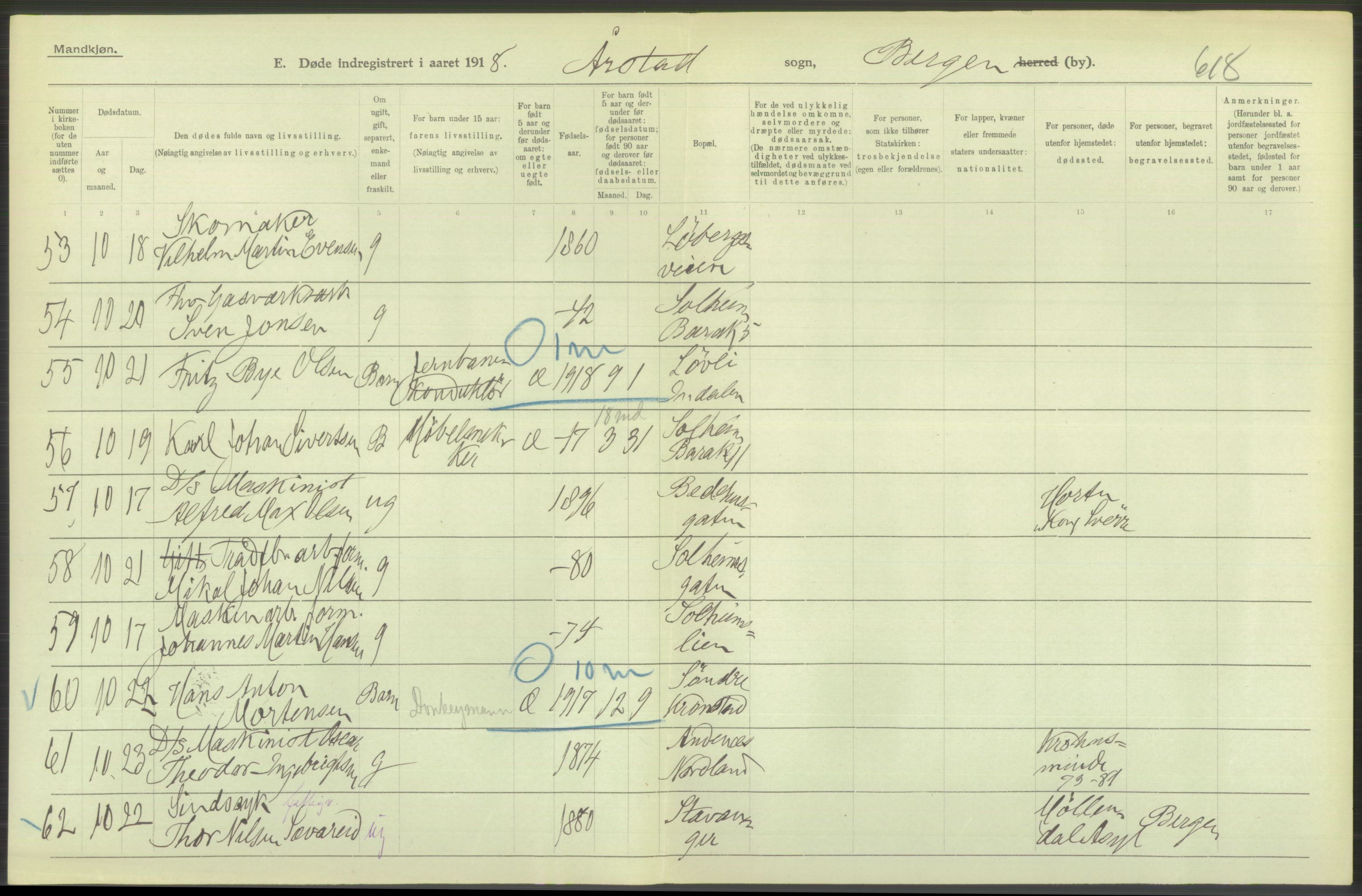 Statistisk sentralbyrå, Sosiodemografiske emner, Befolkning, RA/S-2228/D/Df/Dfb/Dfbh/L0039: Bergen: Døde., 1918, p. 156