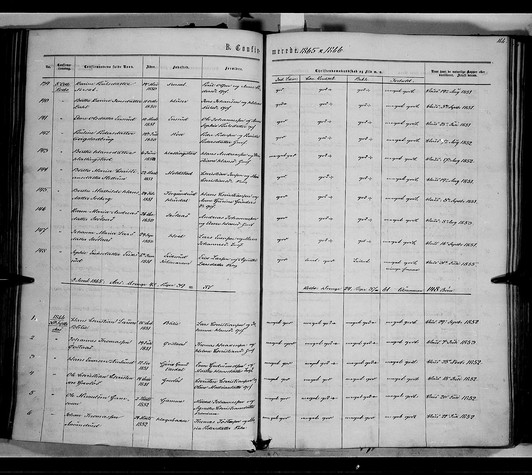 Vestre Toten prestekontor, AV/SAH-PREST-108/H/Ha/Haa/L0007: Parish register (official) no. 7, 1862-1869, p. 166
