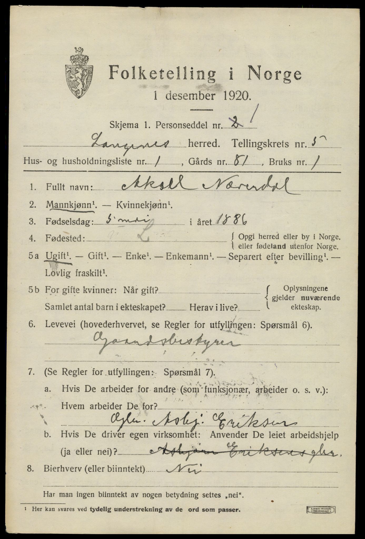 SAT, 1920 census for Langenes, 1920, p. 1956