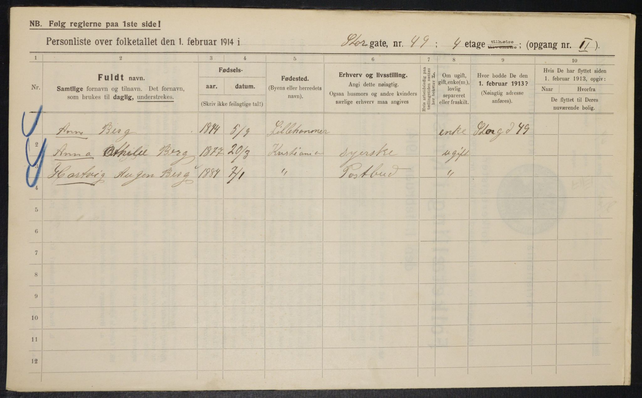 OBA, Municipal Census 1914 for Kristiania, 1914, p. 104186