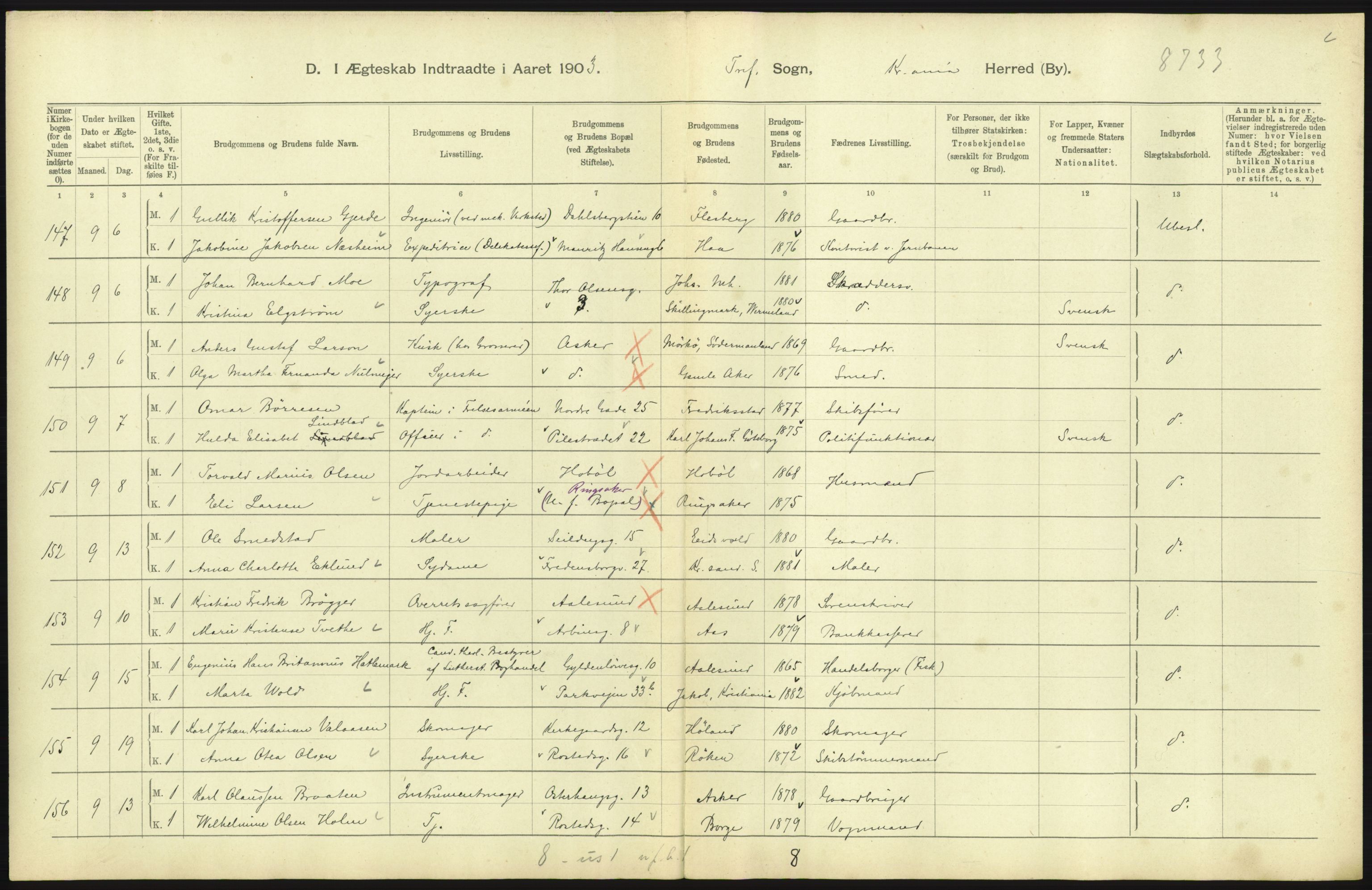 Statistisk sentralbyrå, Sosiodemografiske emner, Befolkning, AV/RA-S-2228/D/Df/Dfa/Dfaa/L0004: Kristiania: Gifte, døde, 1903, p. 597