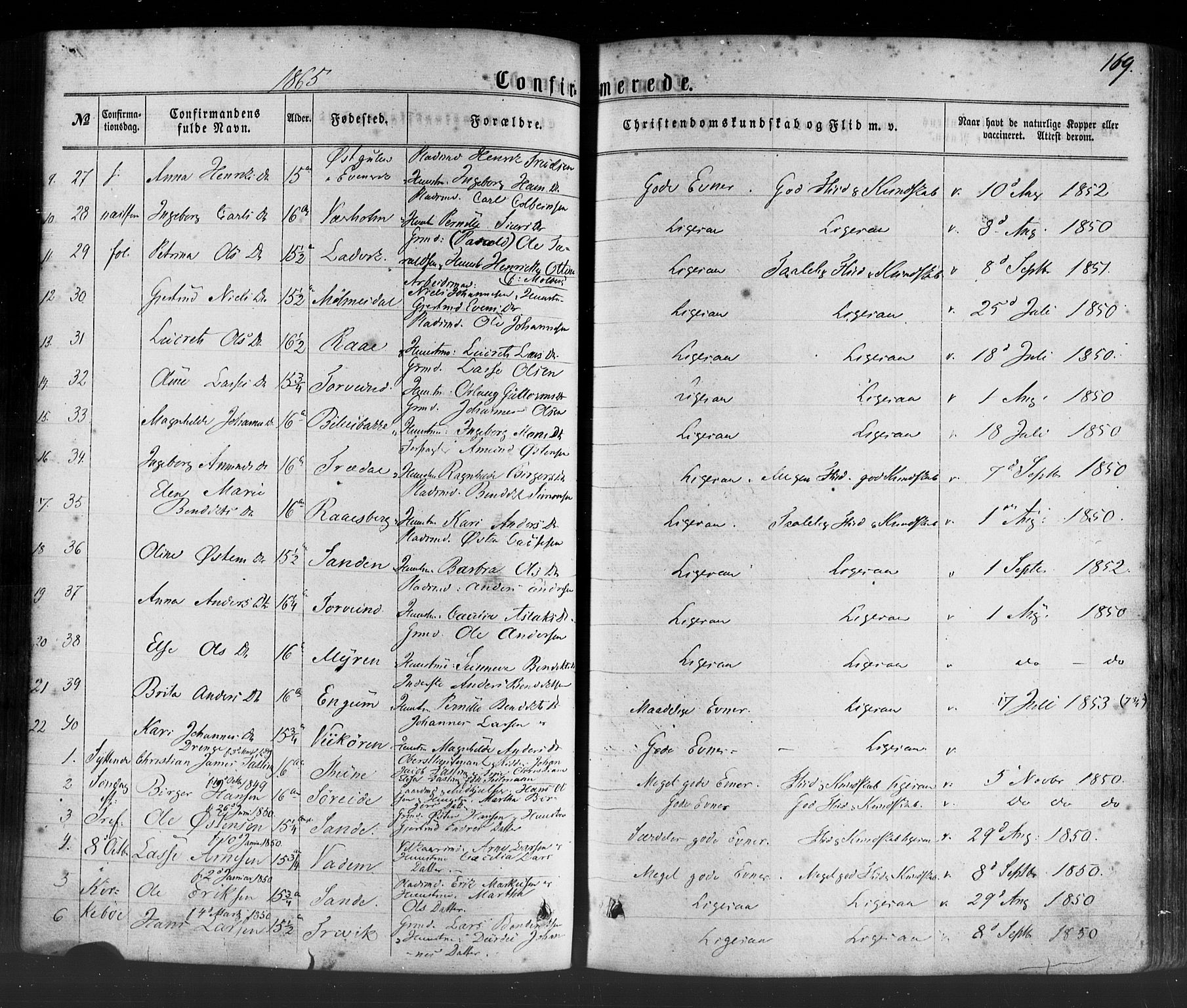 Lavik sokneprestembete, SAB/A-80901: Parish register (official) no. A 4, 1864-1881, p. 169