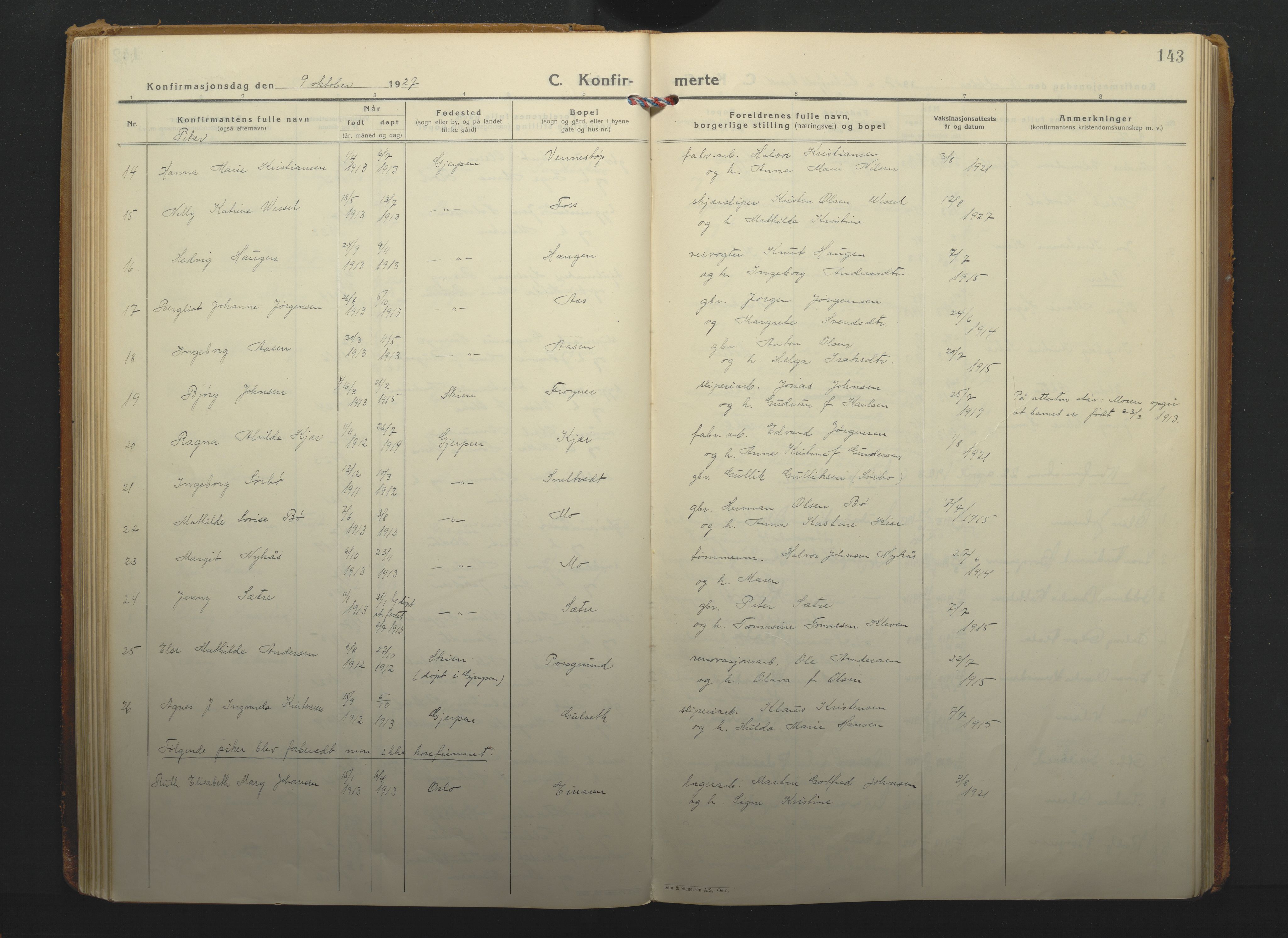 Gjerpen kirkebøker, SAKO/A-265/F/Fa/L0014: Parish register (official) no. I 14, 1925-1938, p. 143