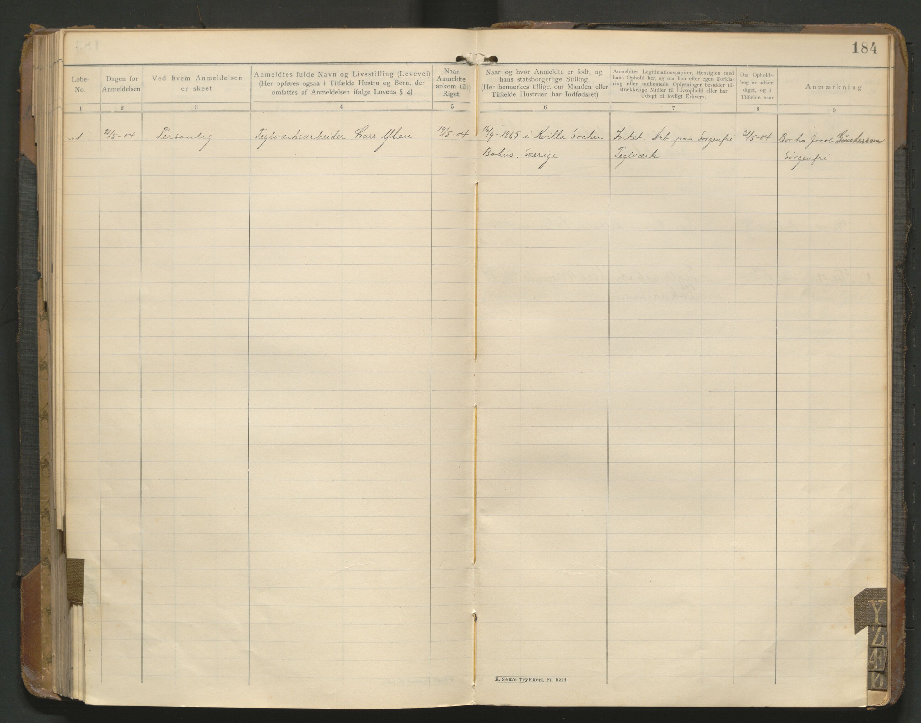 Fredrikstad politikammer, AV/SAO-A-10055/H/Hb/Hba/L0001: Protokoll over fremmede statsborgere, 1901-1916, p. 183b-184a