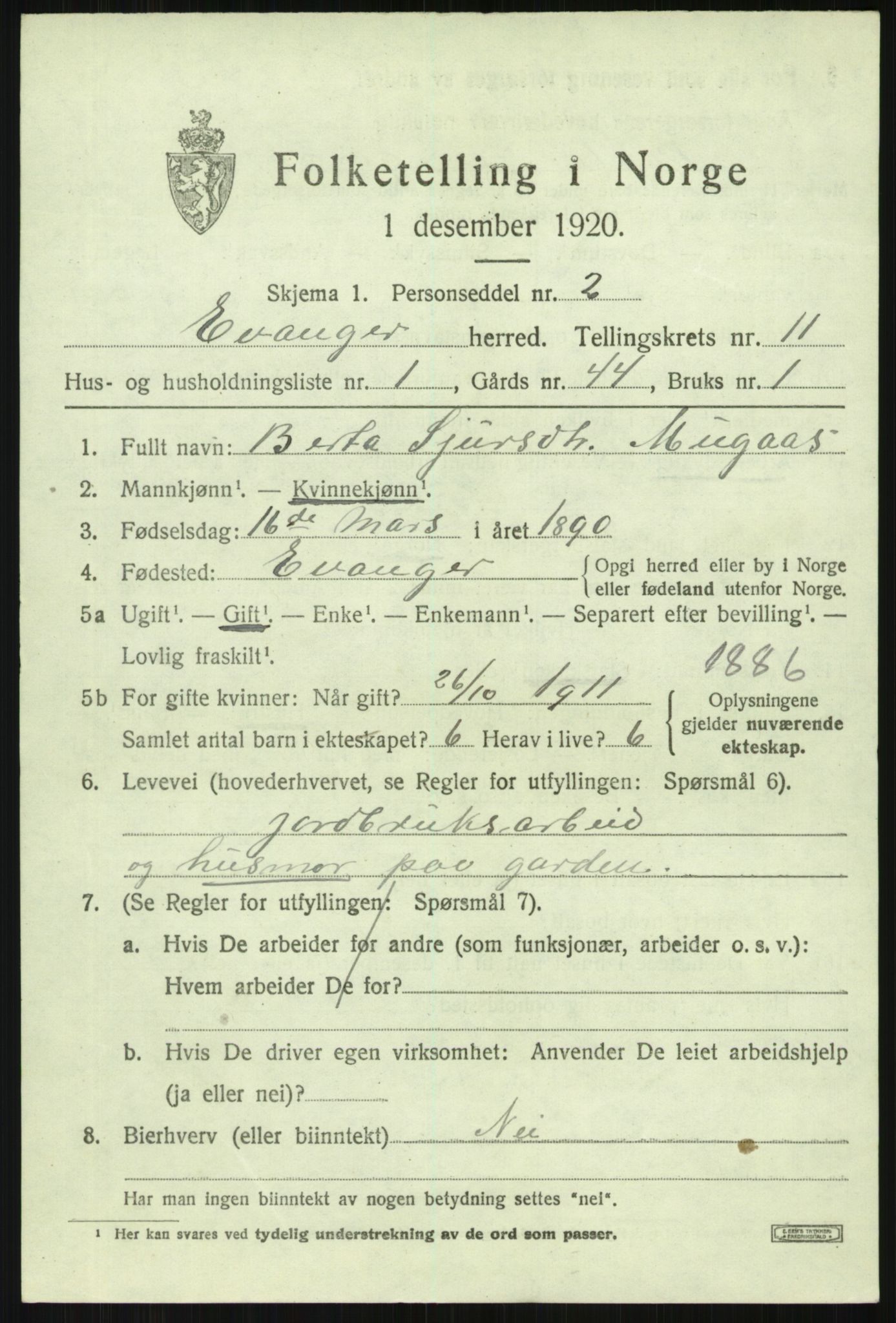 SAB, 1920 census for Evanger, 1920, p. 3565