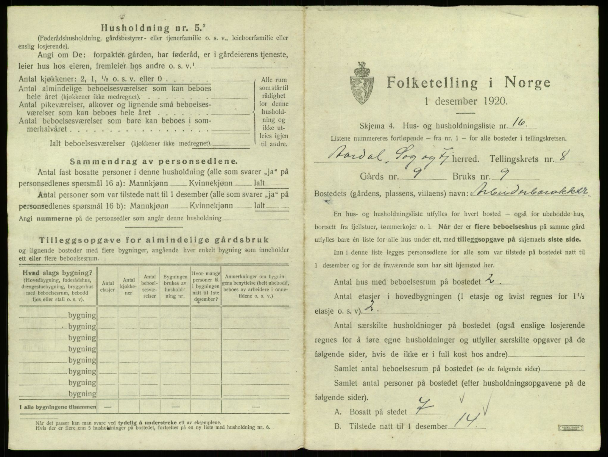 SAB, 1920 census for Årdal, 1920, p. 495