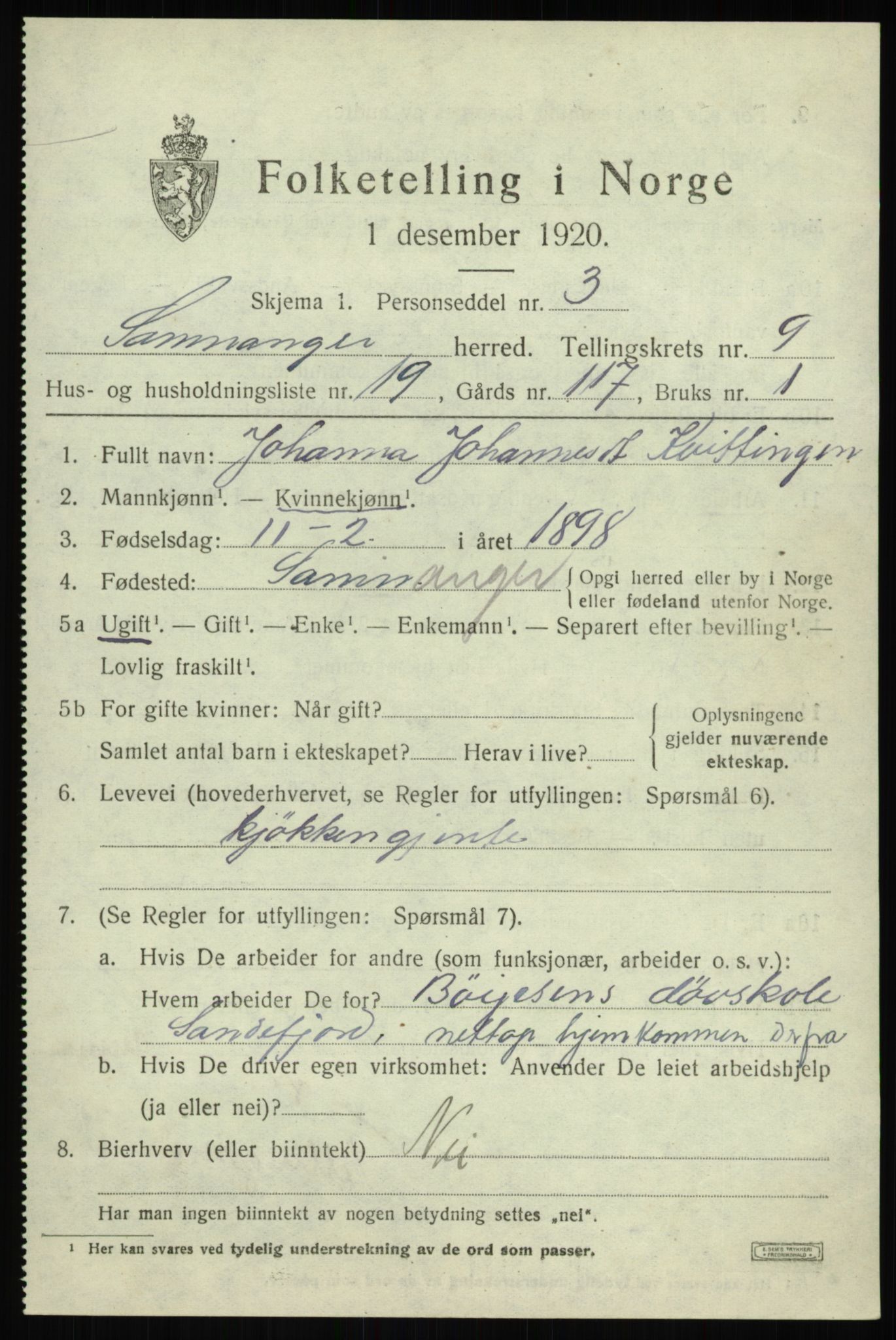 SAB, 1920 census for Samnanger, 1920, p. 4109