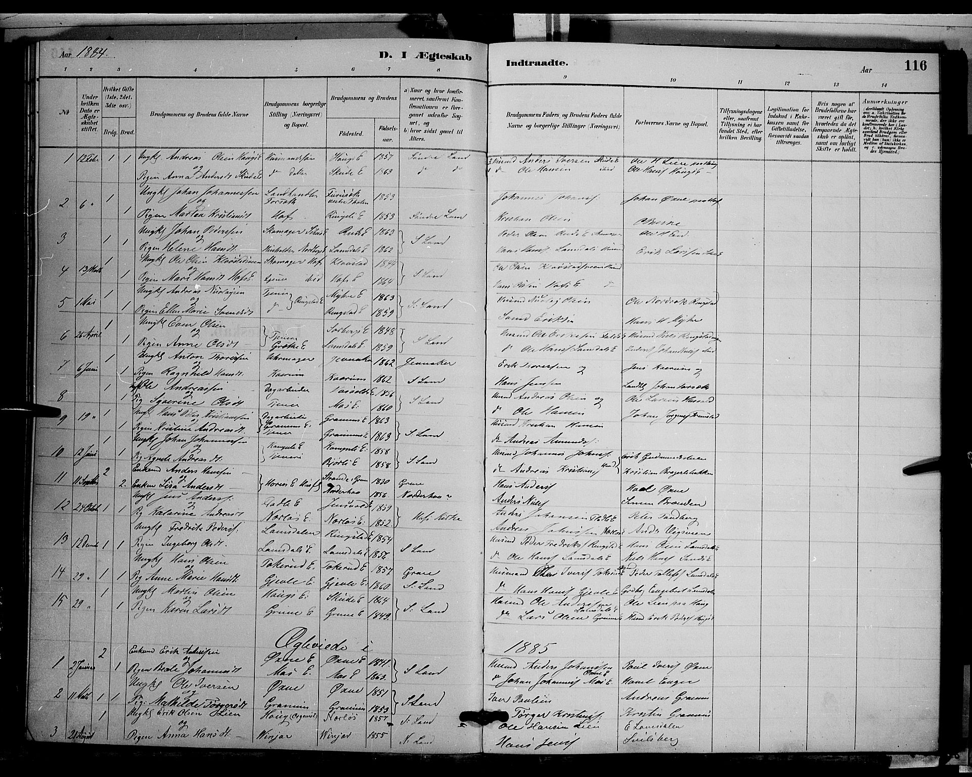 Søndre Land prestekontor, SAH/PREST-122/L/L0002: Parish register (copy) no. 2, 1884-1900, p. 116