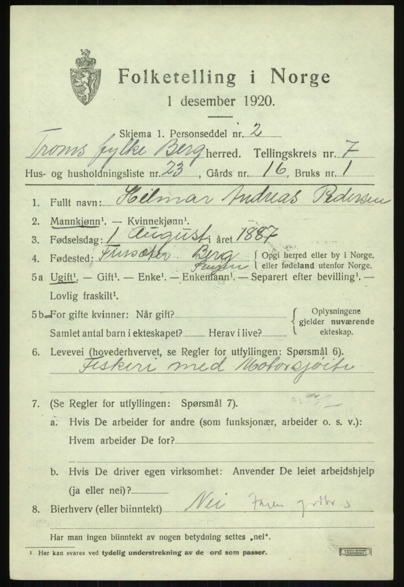 SATØ, 1920 census for Berg, 1920, p. 2704