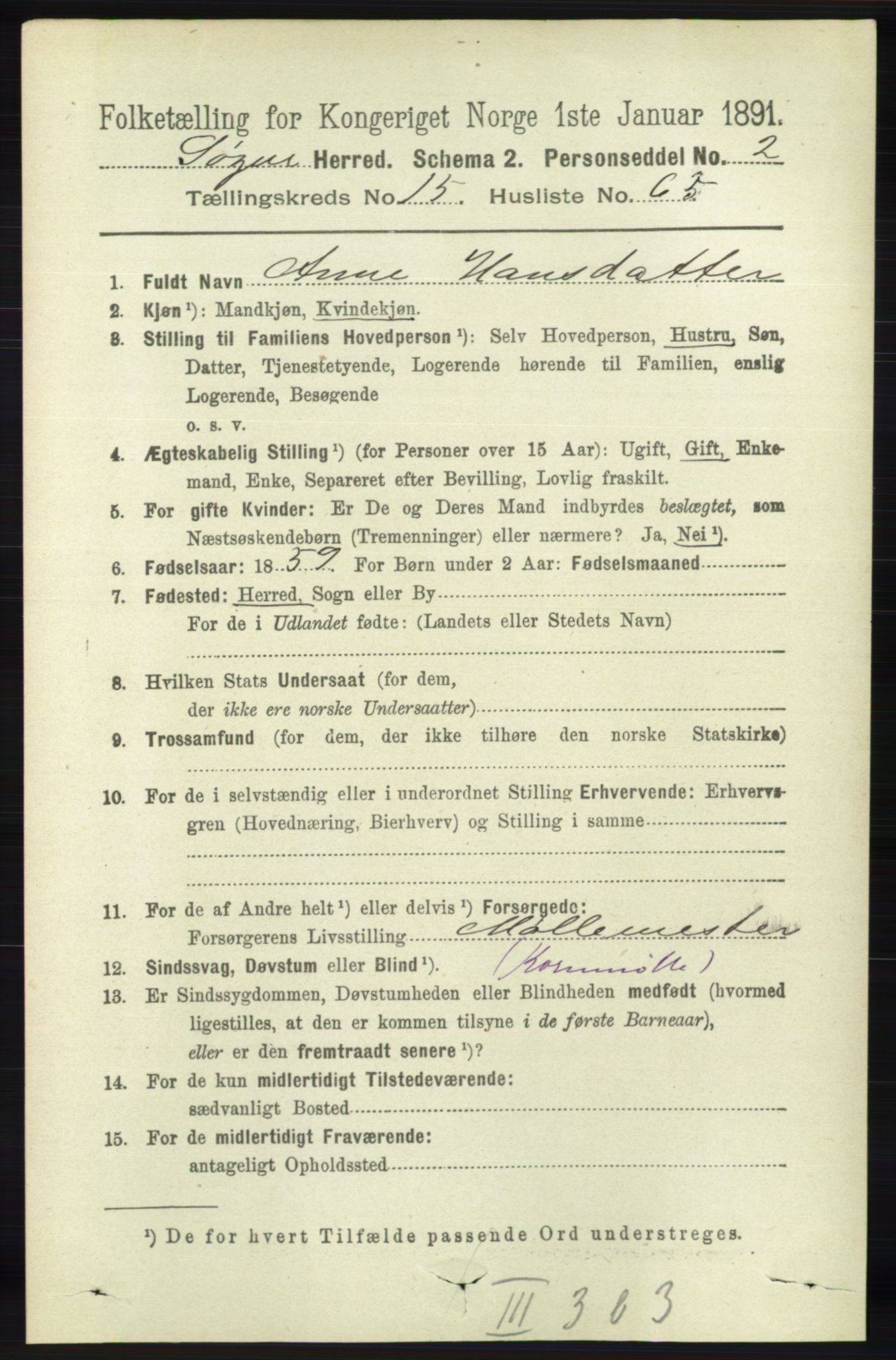 RA, 1891 census for 1018 Søgne, 1891, p. 4213