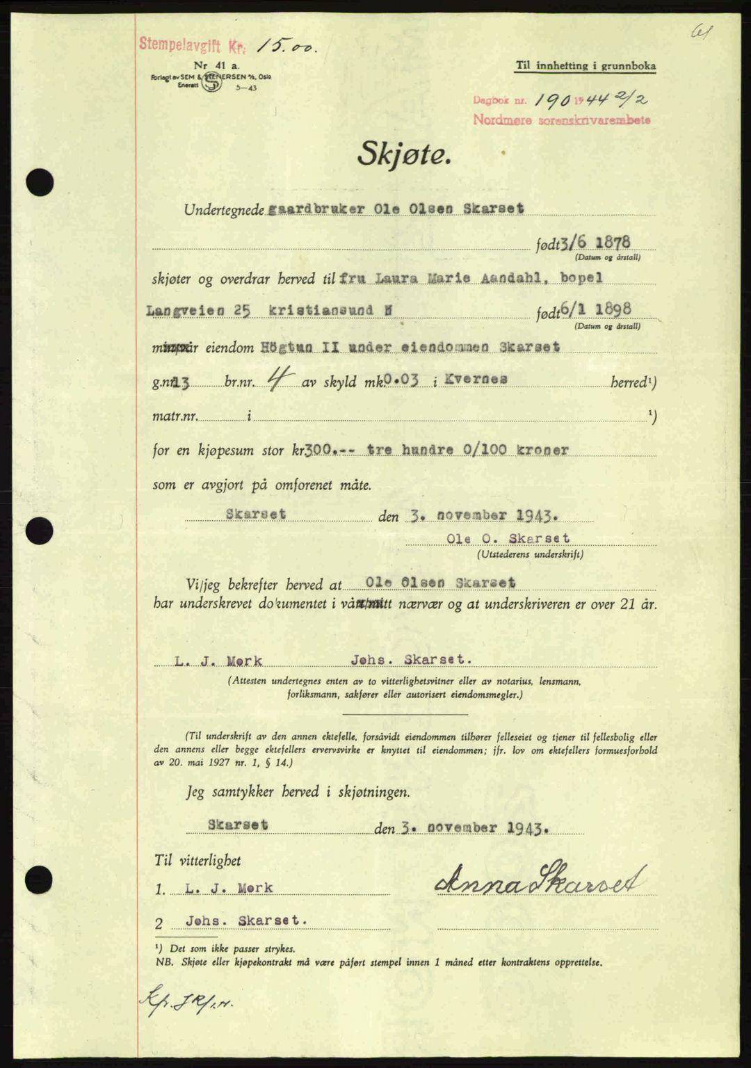 Nordmøre sorenskriveri, AV/SAT-A-4132/1/2/2Ca: Mortgage book no. A97, 1944-1944, Diary no: : 190/1944