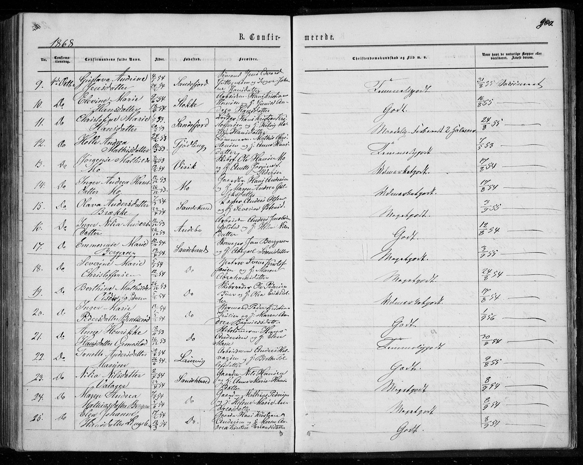 Sandar kirkebøker, AV/SAKO-A-243/F/Fa/L0008: Parish register (official) no. 8, 1862-1871, p. 300