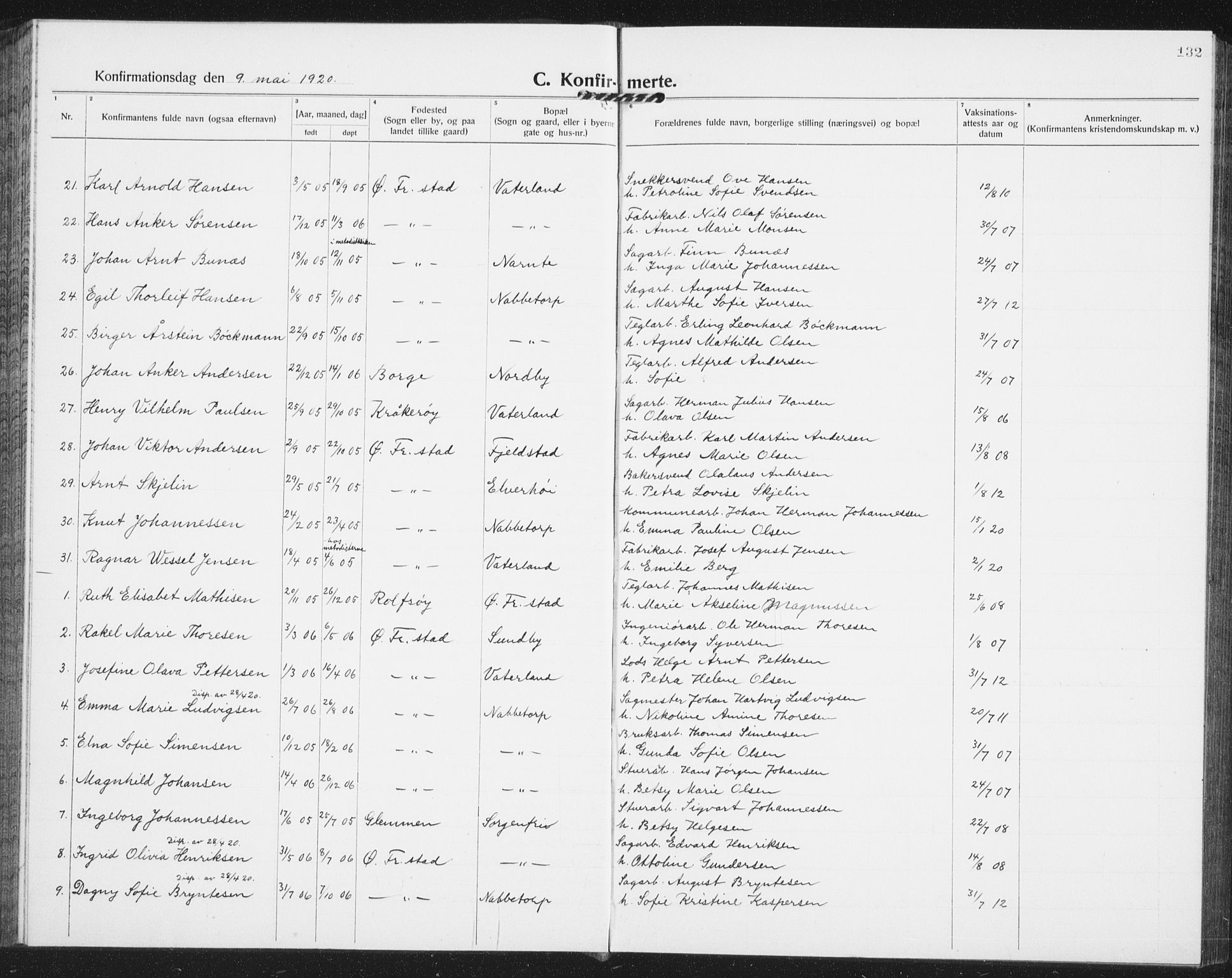 Østre Fredrikstad prestekontor Kirkebøker, SAO/A-10907/G/Ga/L0003: Parish register (copy) no. 3, 1920-1940, p. 132