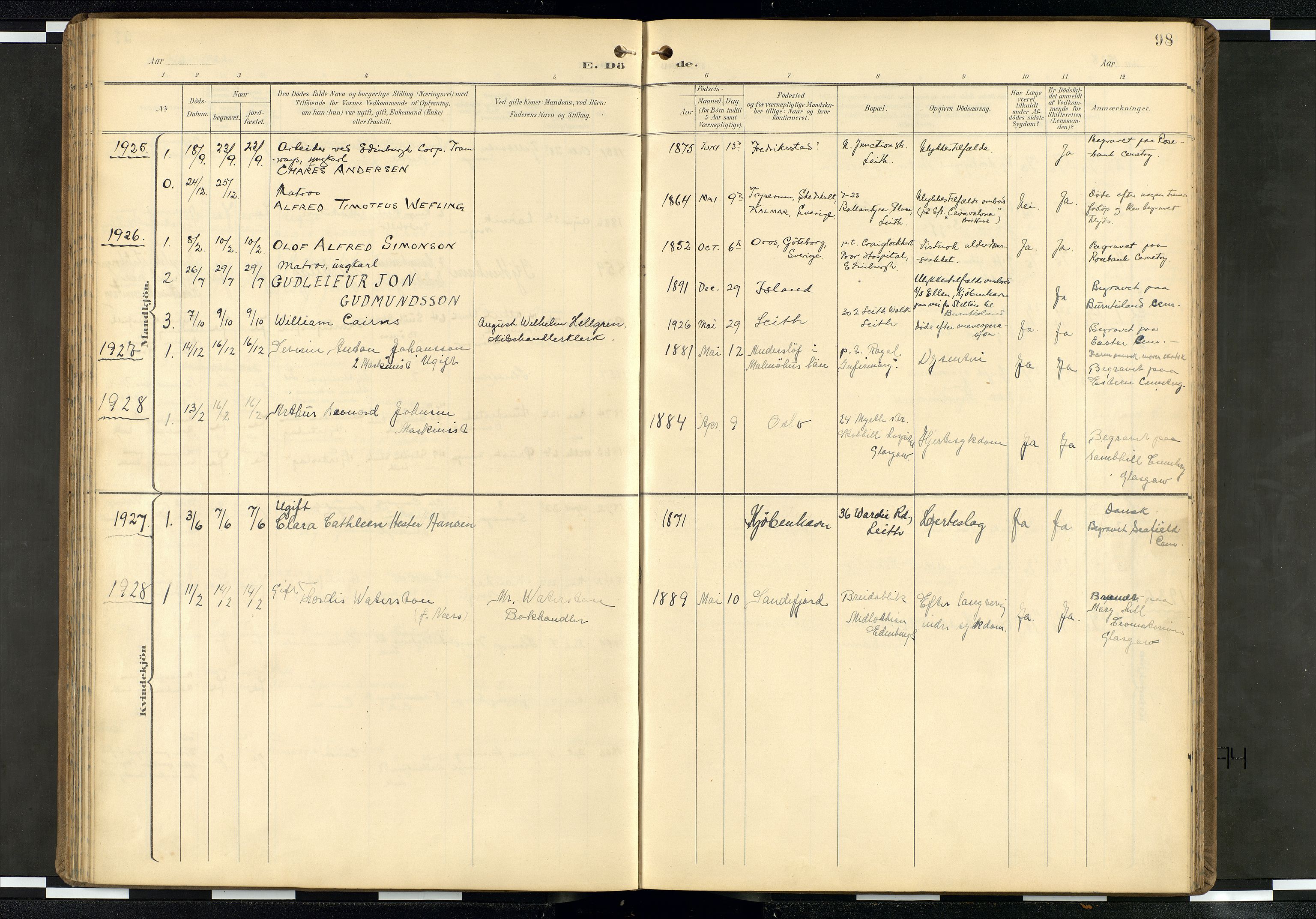Den norske sjømannsmisjon i utlandet/Skotske havner (Leith, Glasgow), SAB/SAB/PA-0100/H/Ha/Haa/L0004: Parish register (official) no. A 4, 1899-1949, p. 97b-98a