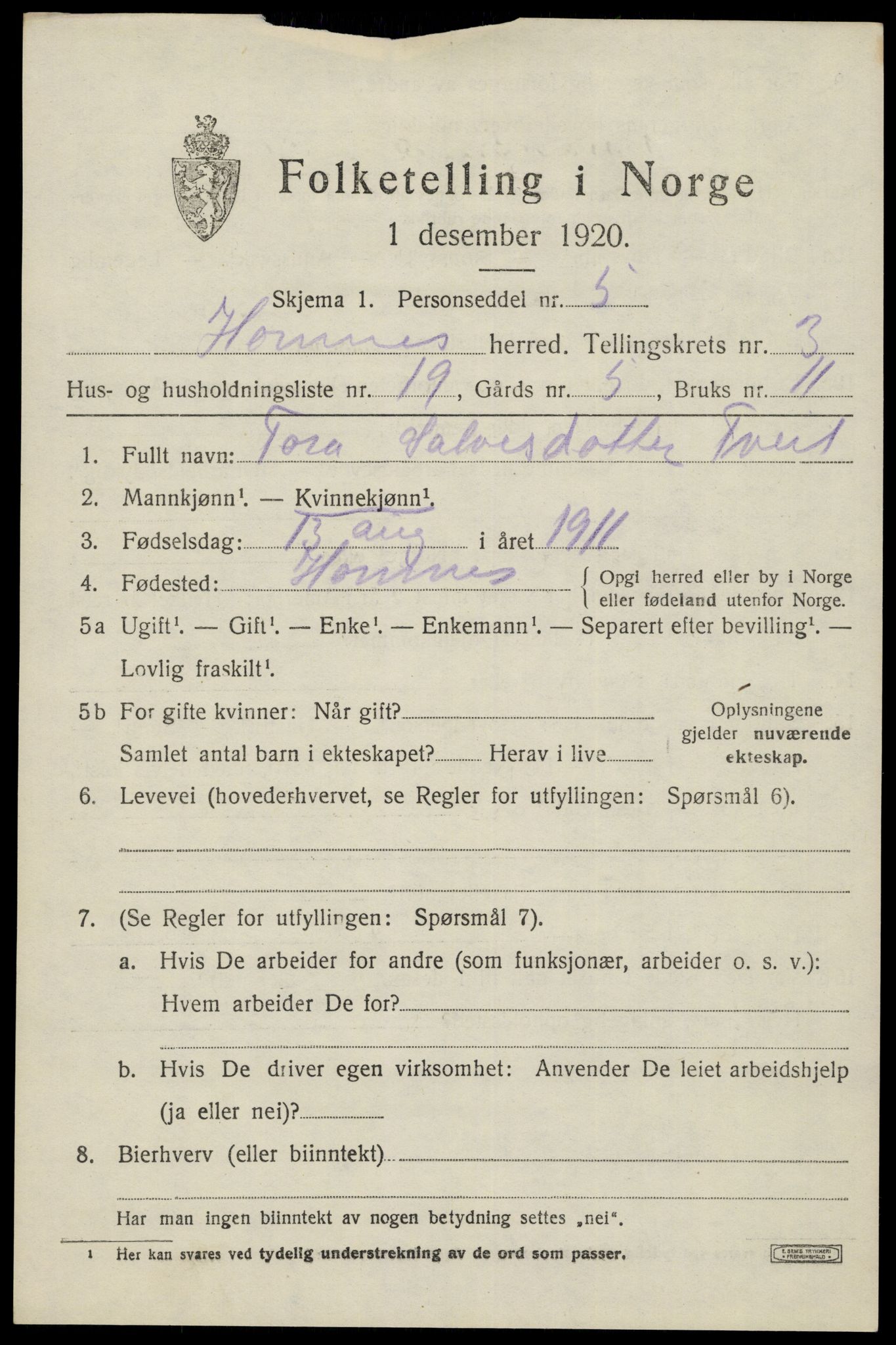 SAK, 1920 census for Hornnes, 1920, p. 1029