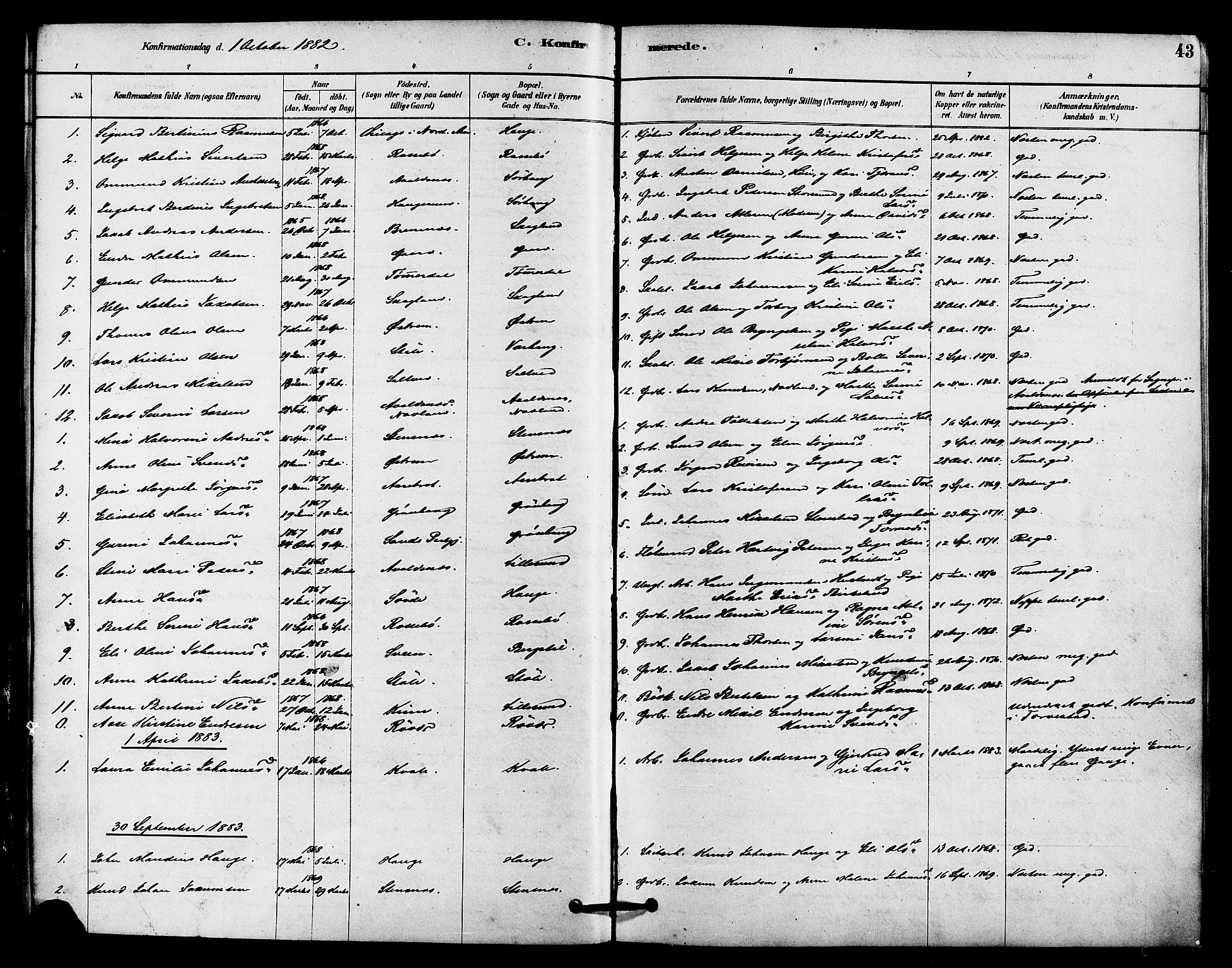 Haugesund sokneprestkontor, AV/SAST-A -101863/H/Ha/Haa/L0002: Parish register (official) no. A 2, 1878-1886, p. 43