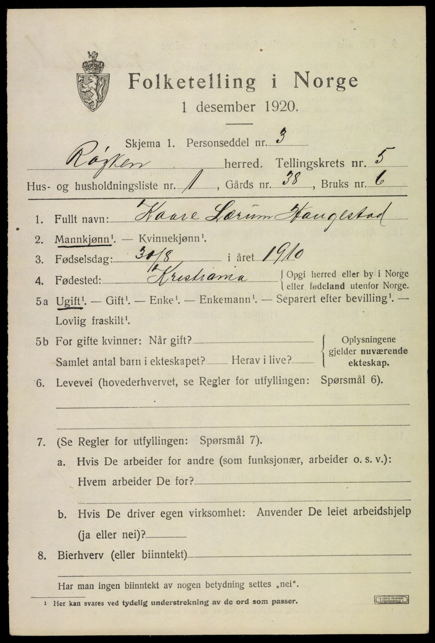 SAKO, 1920 census for Røyken, 1920, p. 6658