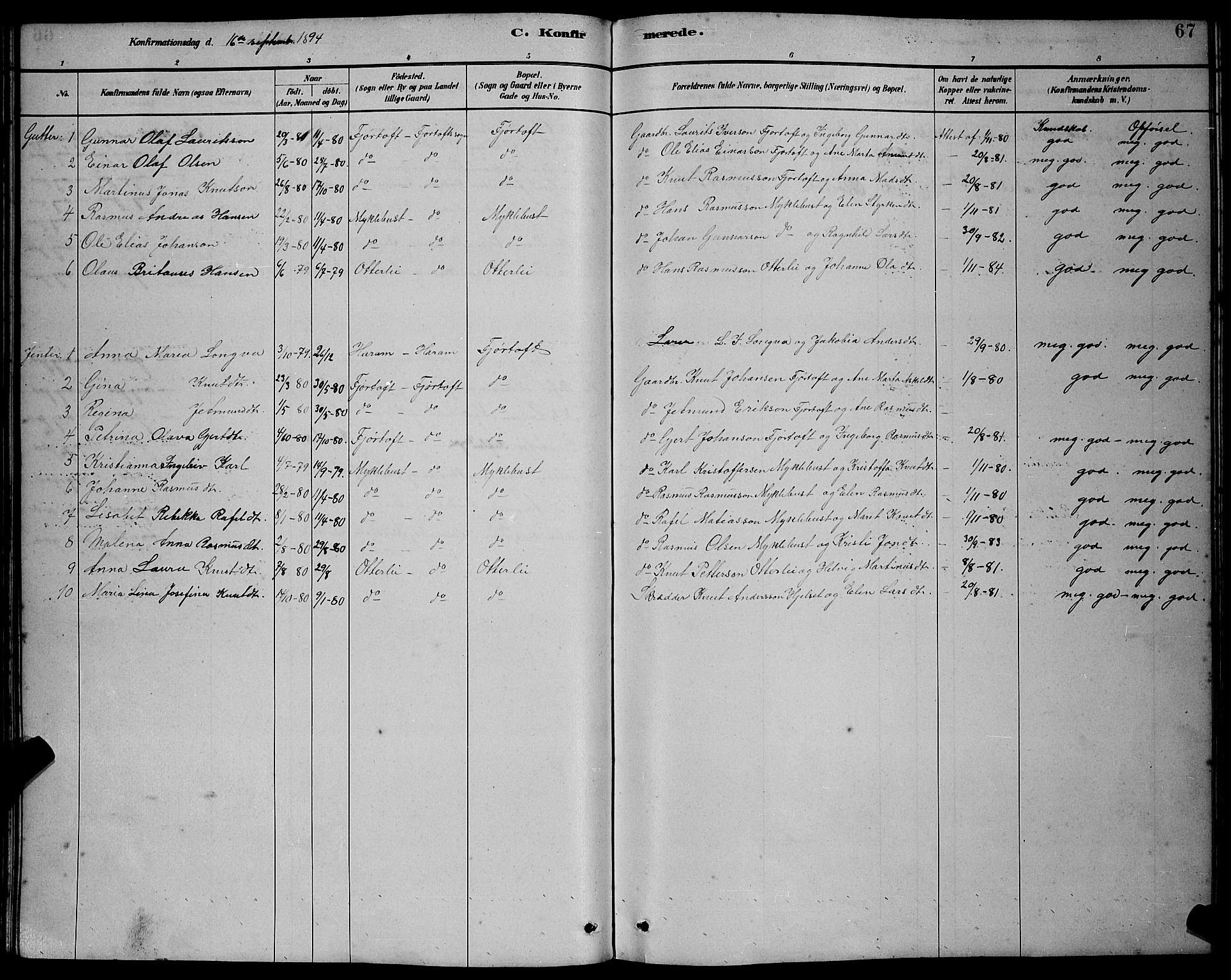 Ministerialprotokoller, klokkerbøker og fødselsregistre - Møre og Romsdal, SAT/A-1454/538/L0523: Parish register (copy) no. 538C01, 1881-1900, p. 67