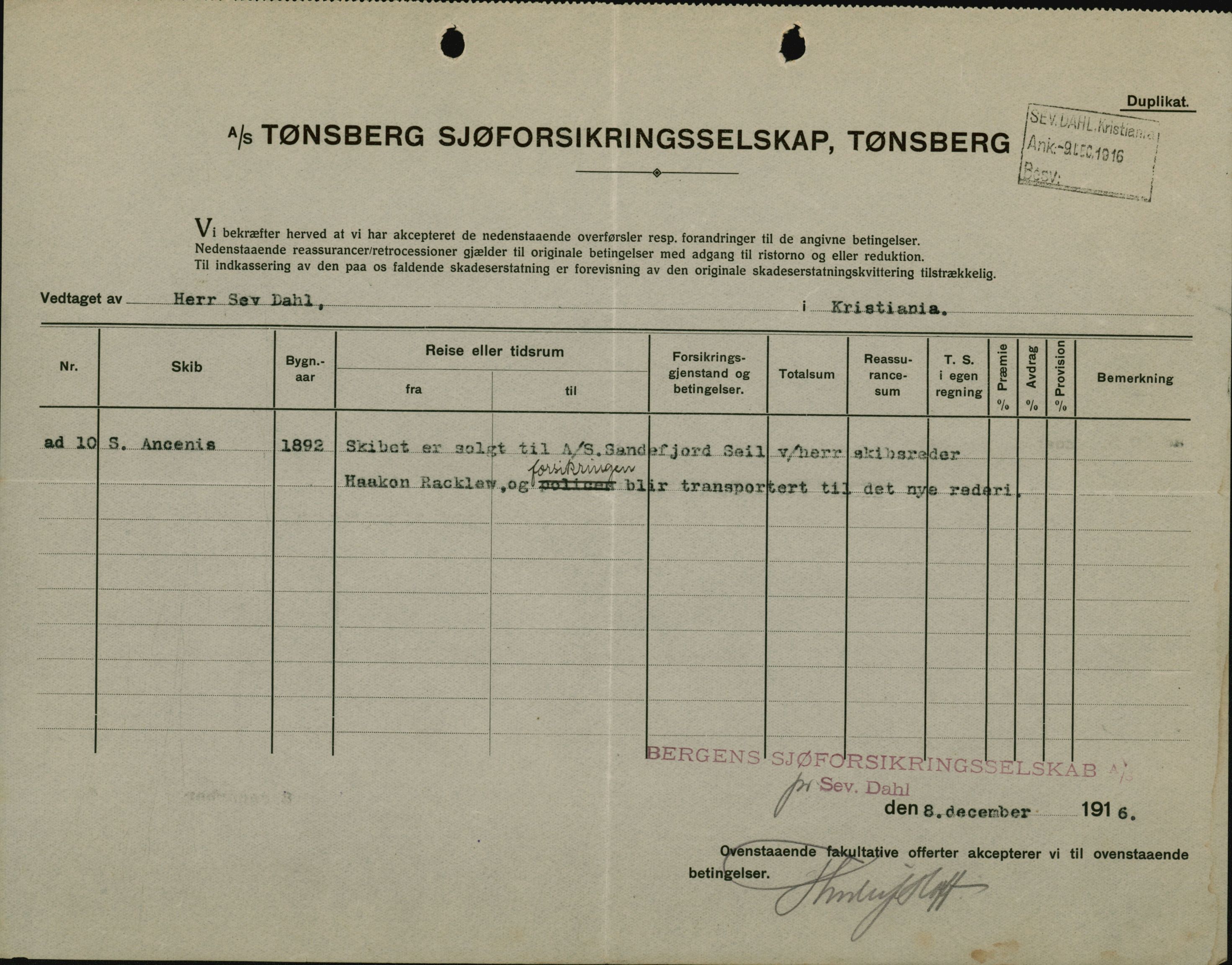 Pa 664 - Tønsberg Sjøforsikringsselskap, VEMU/A-1773/F/L0001: Forsikringspoliser, 1915-1918