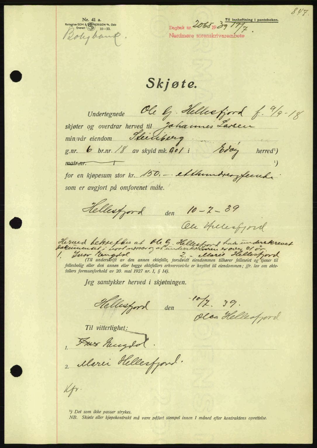 Nordmøre sorenskriveri, AV/SAT-A-4132/1/2/2Ca: Mortgage book no. A86, 1939-1939, Diary no: : 2065/1939