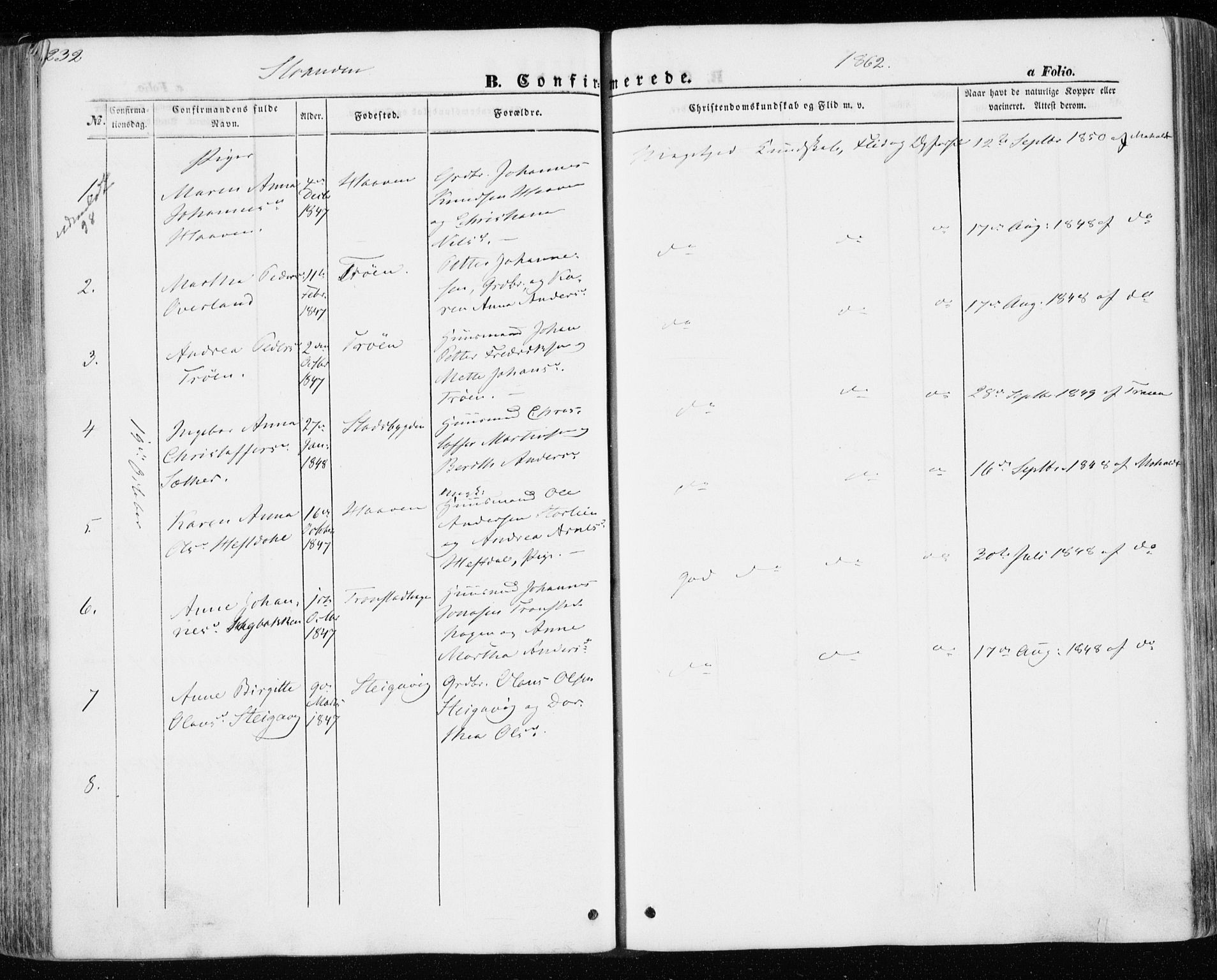 Ministerialprotokoller, klokkerbøker og fødselsregistre - Nord-Trøndelag, SAT/A-1458/701/L0008: Parish register (official) no. 701A08 /1, 1854-1863, p. 232