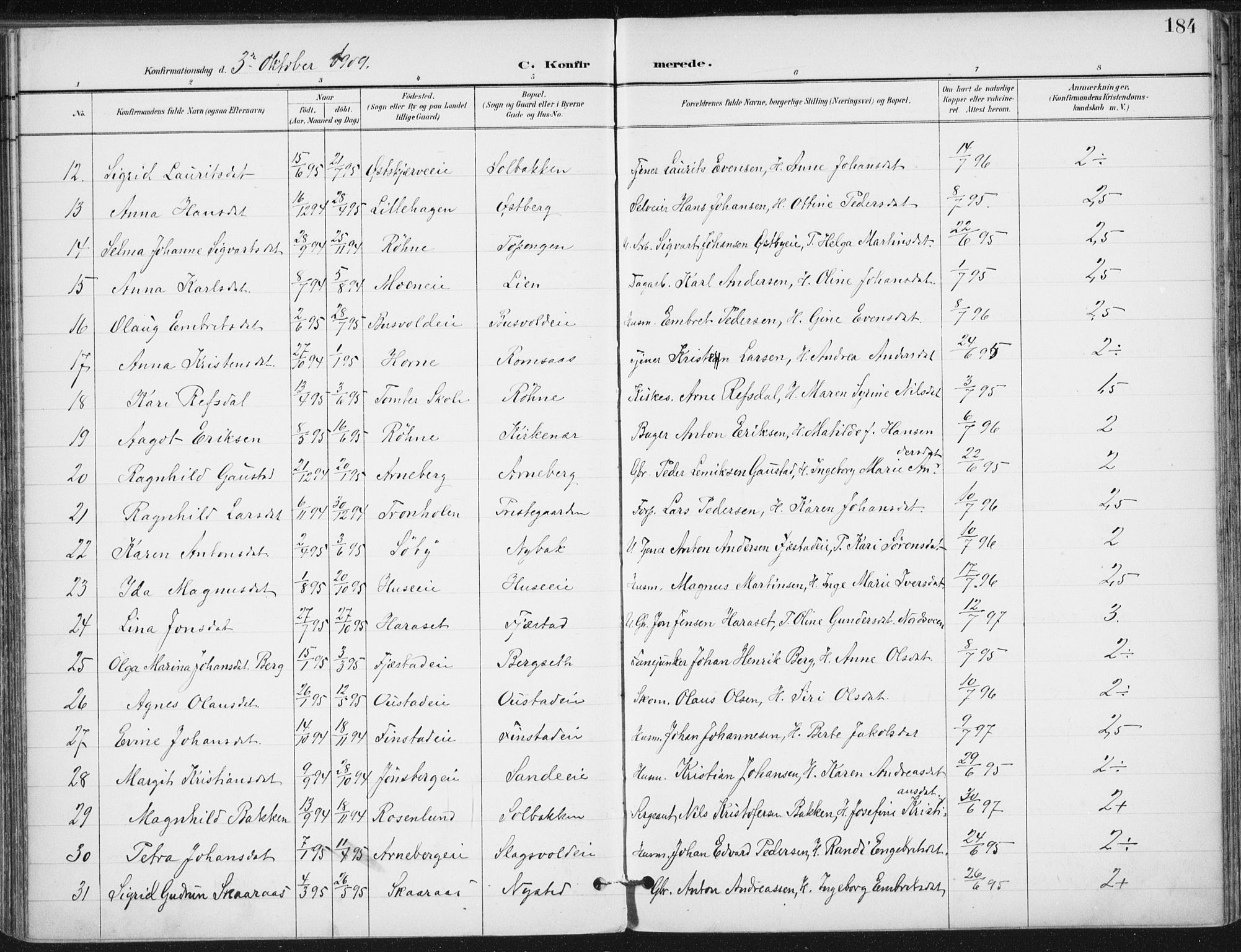 Romedal prestekontor, SAH/PREST-004/K/L0011: Parish register (official) no. 11, 1896-1912, p. 184