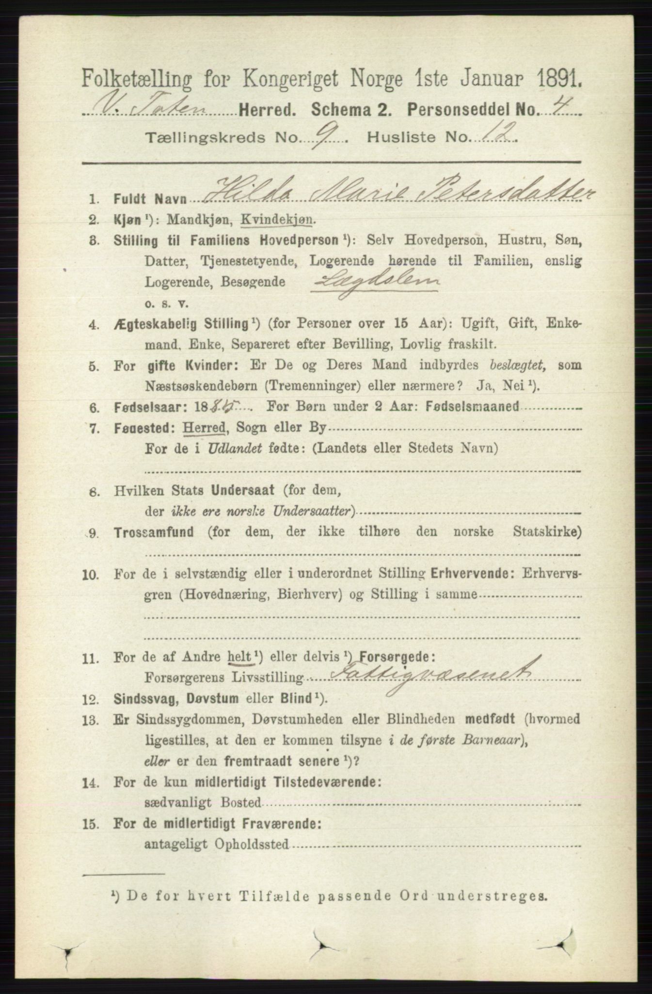 RA, 1891 census for 0529 Vestre Toten, 1891, p. 5622