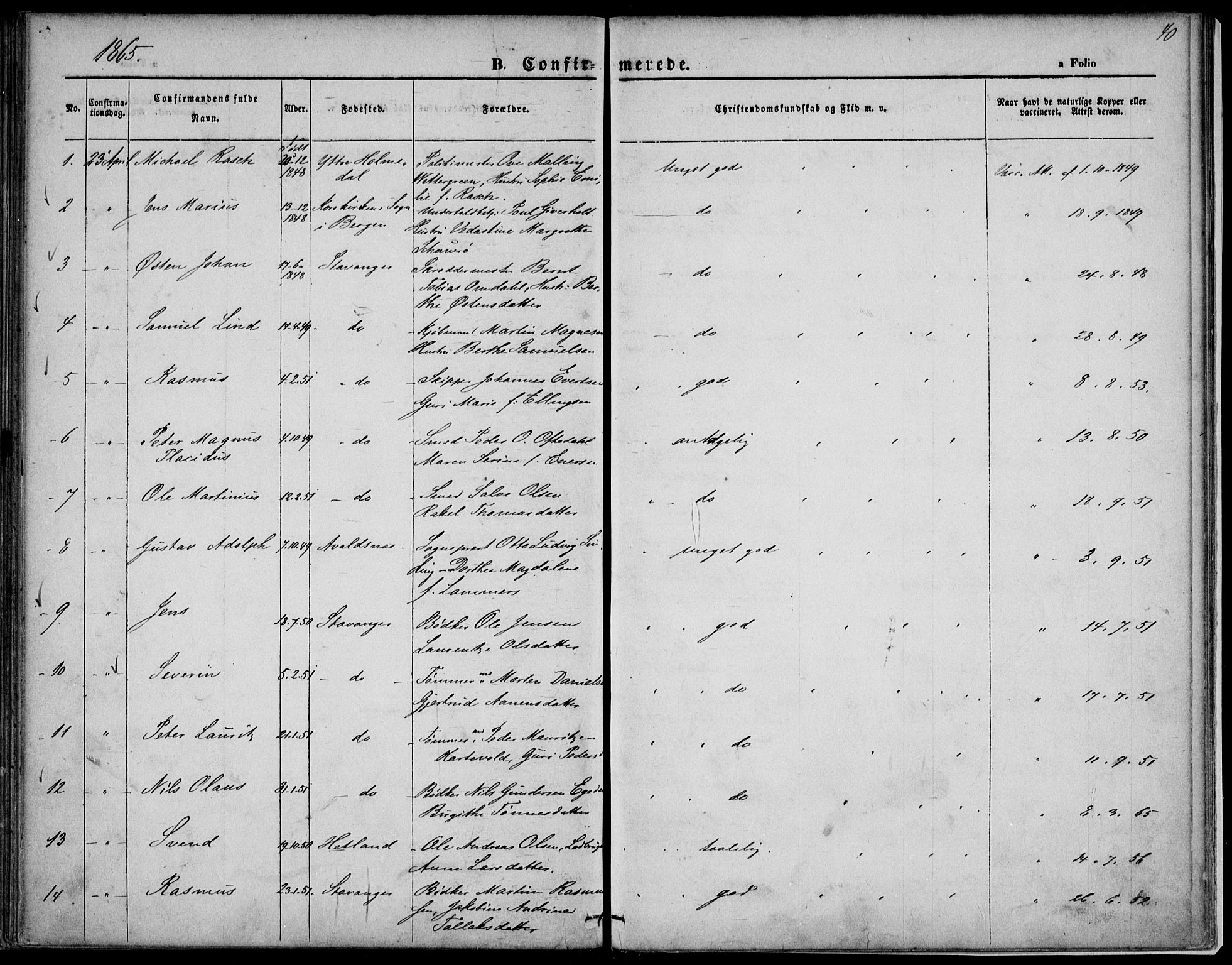 St. Petri sokneprestkontor, SAST/A-101813/001/30/30BA/L0004: Parish register (official) no. A 4, 1861-1865, p. 40