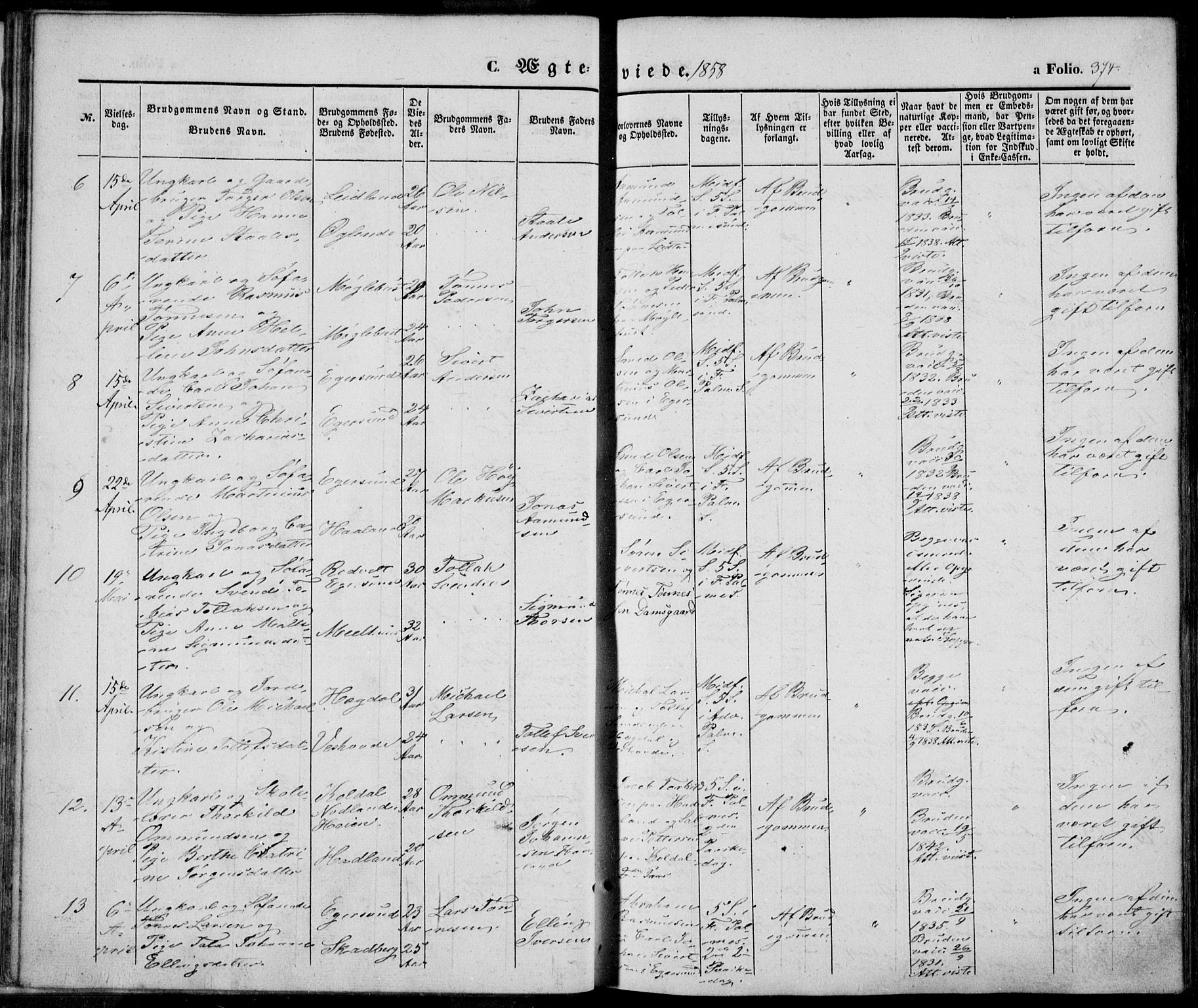 Eigersund sokneprestkontor, SAST/A-101807/S08/L0013: Parish register (official) no. A 12.2, 1850-1865, p. 374