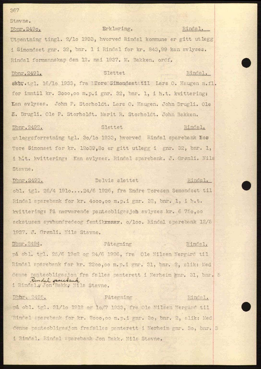 Nordmøre sorenskriveri, AV/SAT-A-4132/1/2/2Ca: Mortgage book no. C80, 1936-1939, Diary no: : 2490/1937