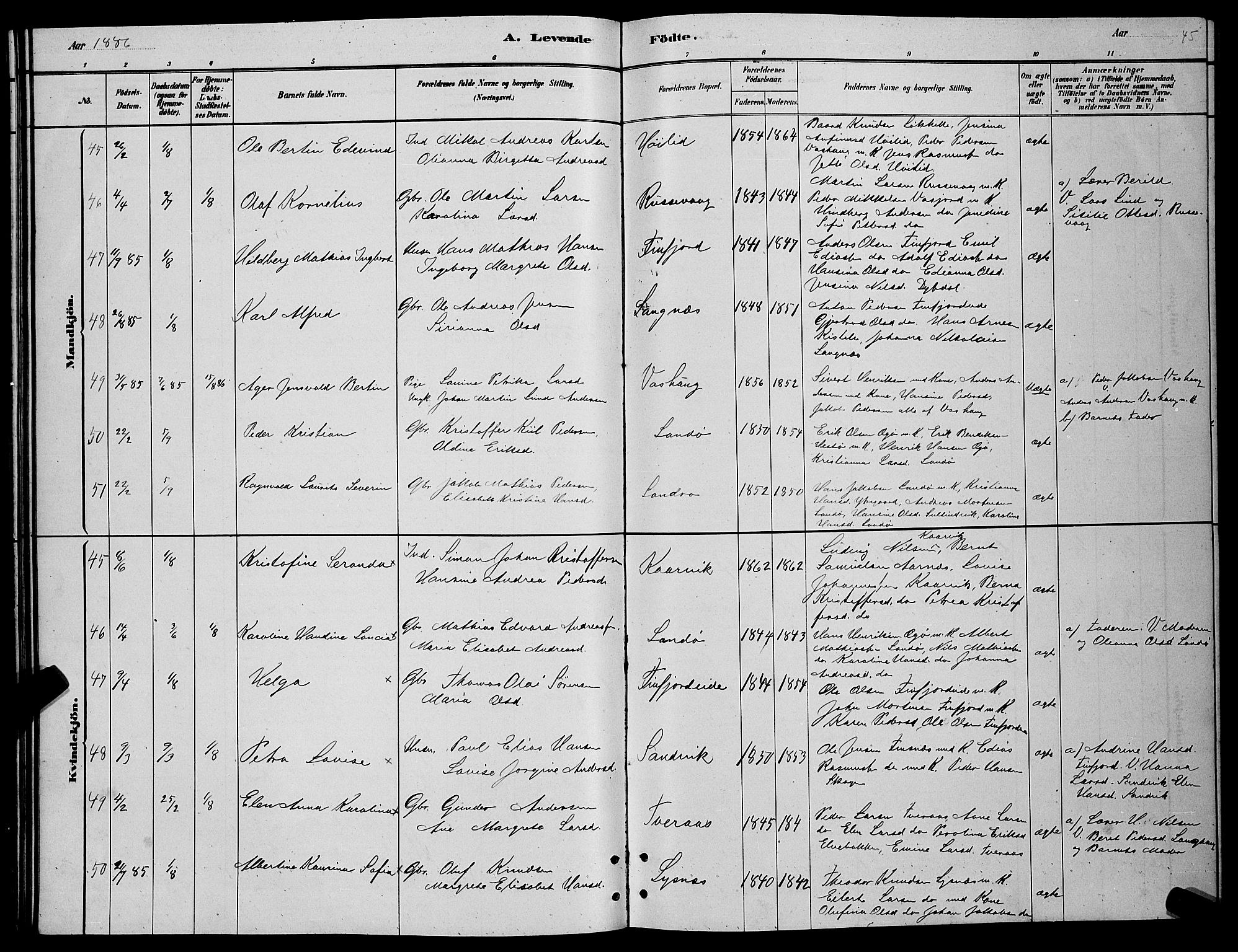 Lenvik sokneprestembete, SATØ/S-1310/H/Ha/Hab/L0006klokker: Parish register (copy) no. 6, 1881-1889, p. 45