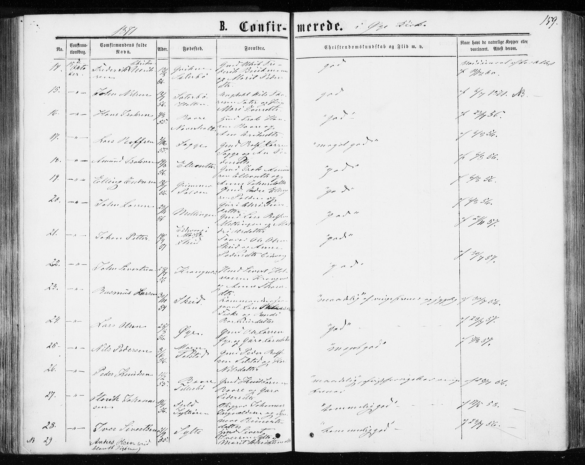 Ministerialprotokoller, klokkerbøker og fødselsregistre - Møre og Romsdal, SAT/A-1454/595/L1045: Parish register (official) no. 595A07, 1863-1873, p. 159