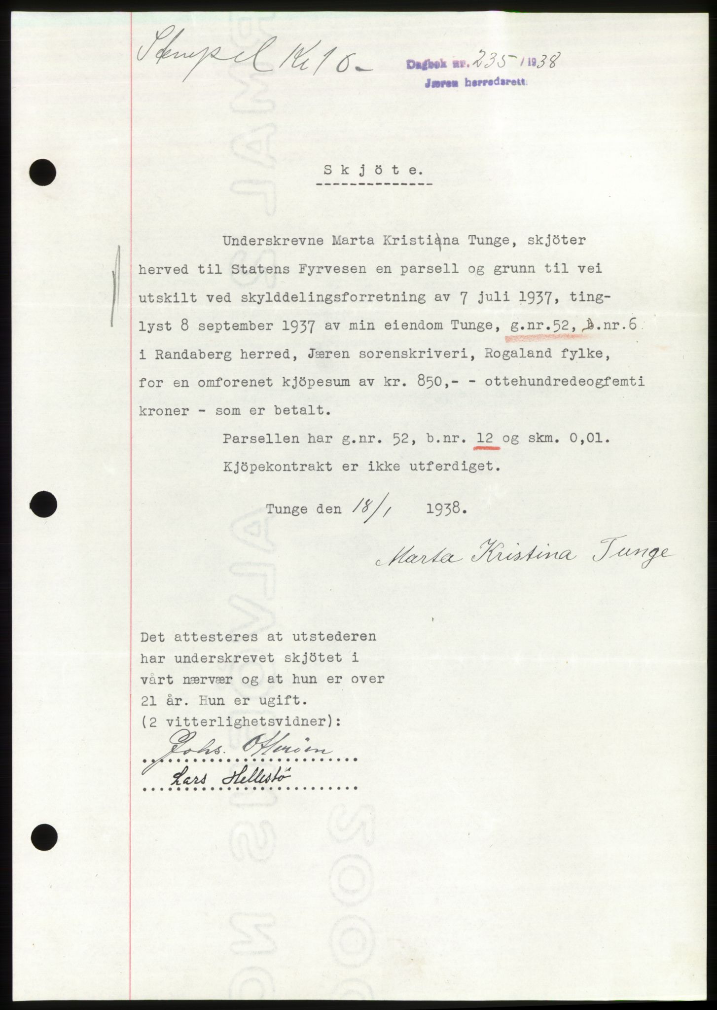 Jæren sorenskriveri, SAST/A-100310/03/G/Gba/L0070: Mortgage book, 1938-1938, Diary no: : 235/1938